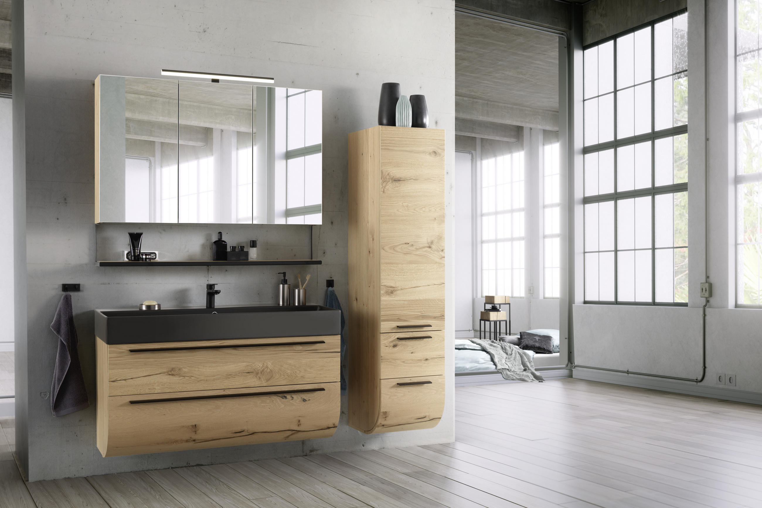 BADEZIMMER  in 120 cm  - Eichefarben/Schwarz, MODERN, Glas/Holz (120cm) - Dieter Knoll