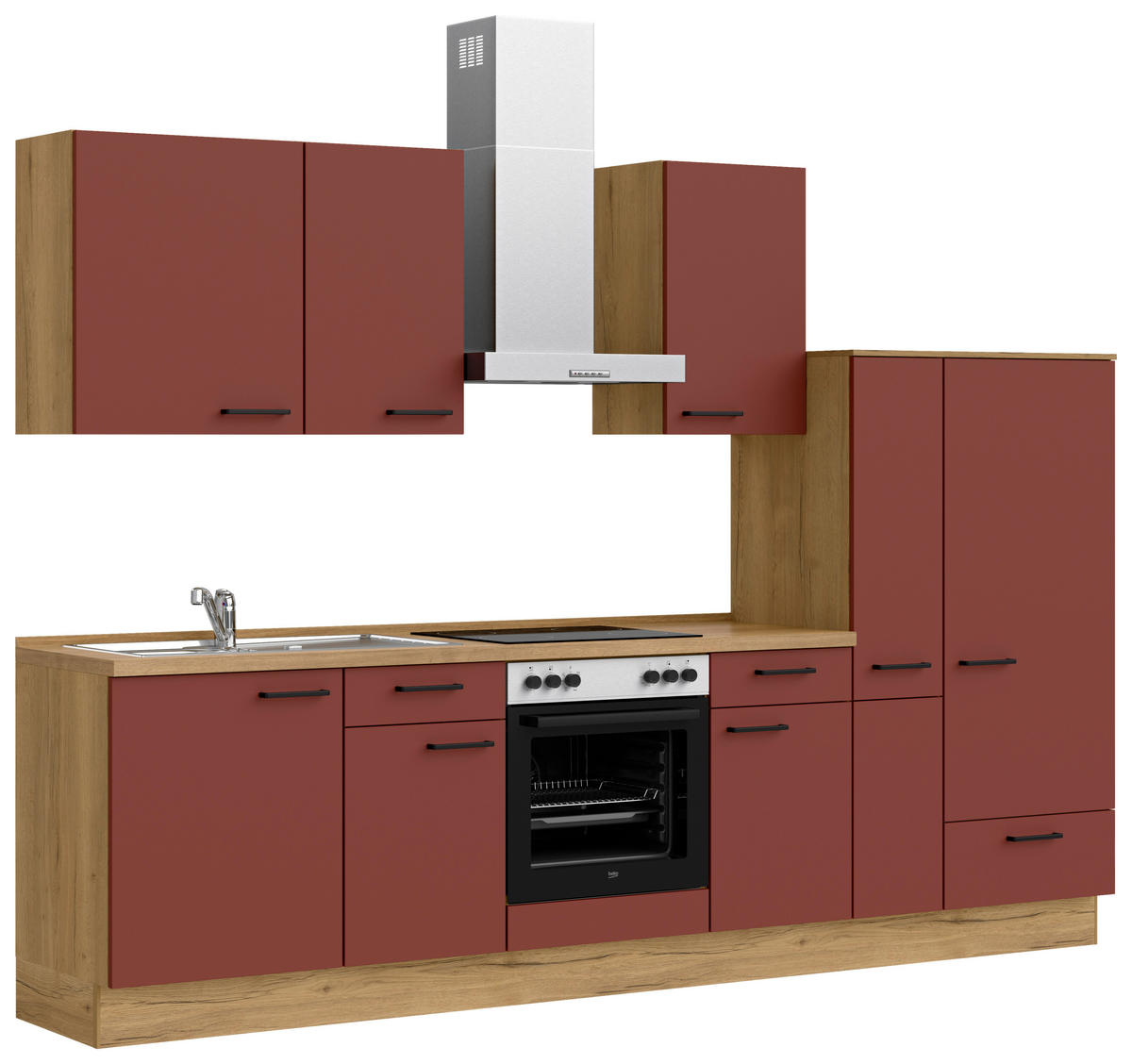 KÜCHENBLOCK Easytouch 300 cm  in Eichefarben, Dunkelrot  - Eichefarben/Schwarz, MODERN, Holzwerkstoff/Metall (300cm) - Nobilia