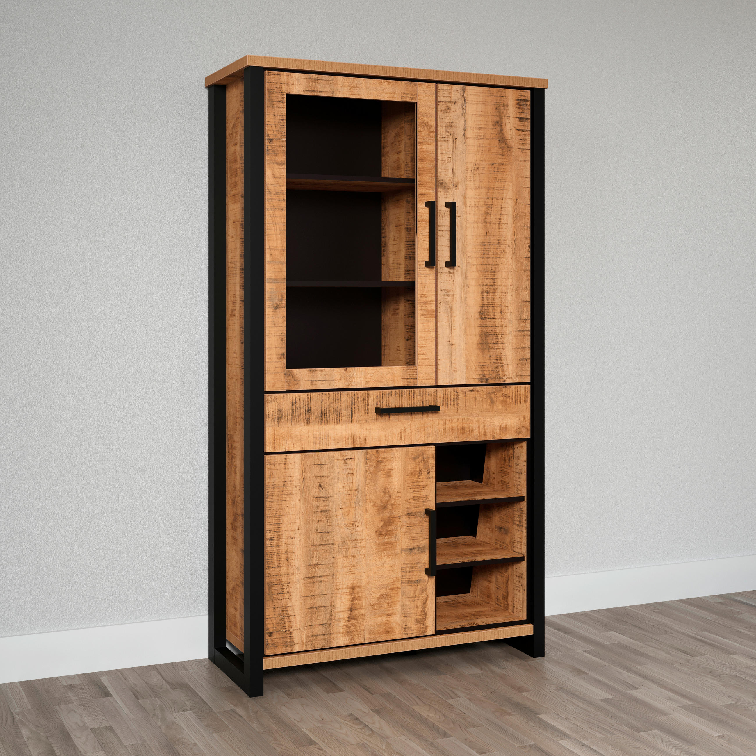VITRINE ENNA WO in Naturfarben, Schwarz  - Schwarz/Naturfarben, Design, Glas/Holzwerkstoff (106/195/45cm) - MID.YOU