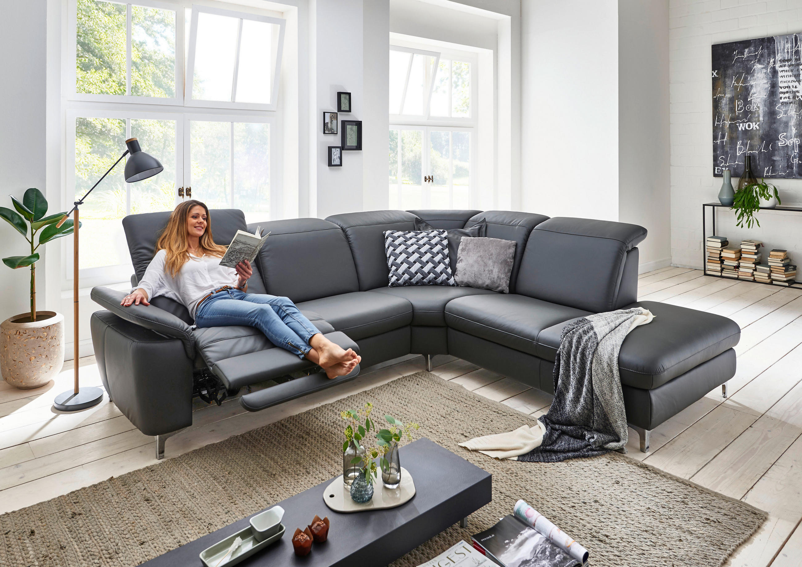 ECKSOFA in Echtleder Anthrazit  - Chromfarben/Anthrazit, Konventionell, Leder/Metall (242/292cm) - Cantus