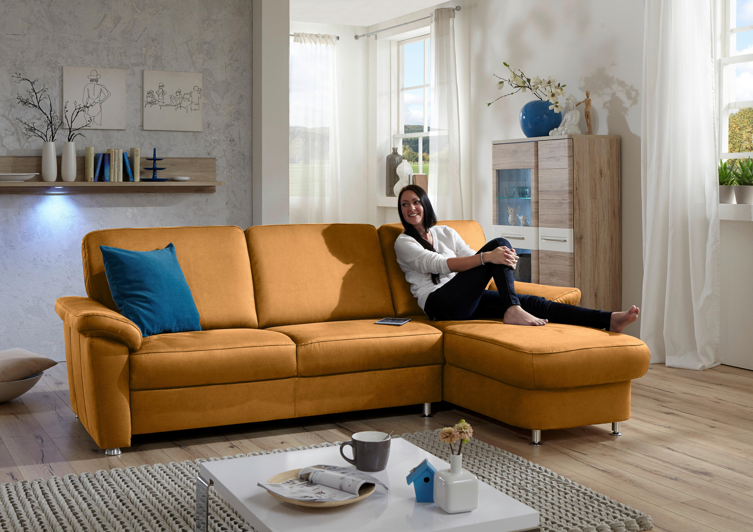 ECKSOFA in Flachgewebe Currygelb  220/163 cm  - Chromfarben/Currygelb, KONVENTIONELL, Textil/Metall (220/163cm) - Beldomo System
