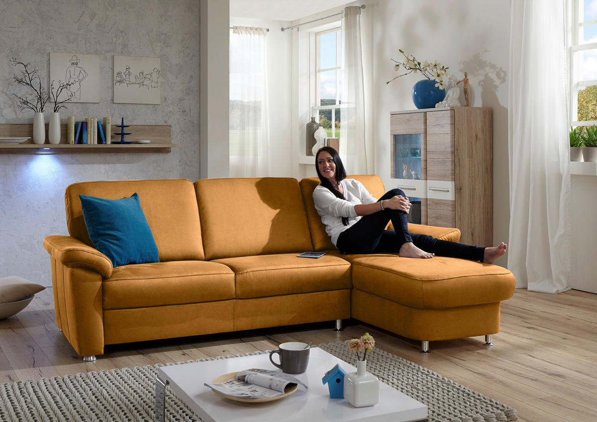 ECKSOFA in Flachgewebe Currygelb  220/163 cm  - Chromfarben/Currygelb, KONVENTIONELL, Textil/Metall (220/163cm) - Beldomo System