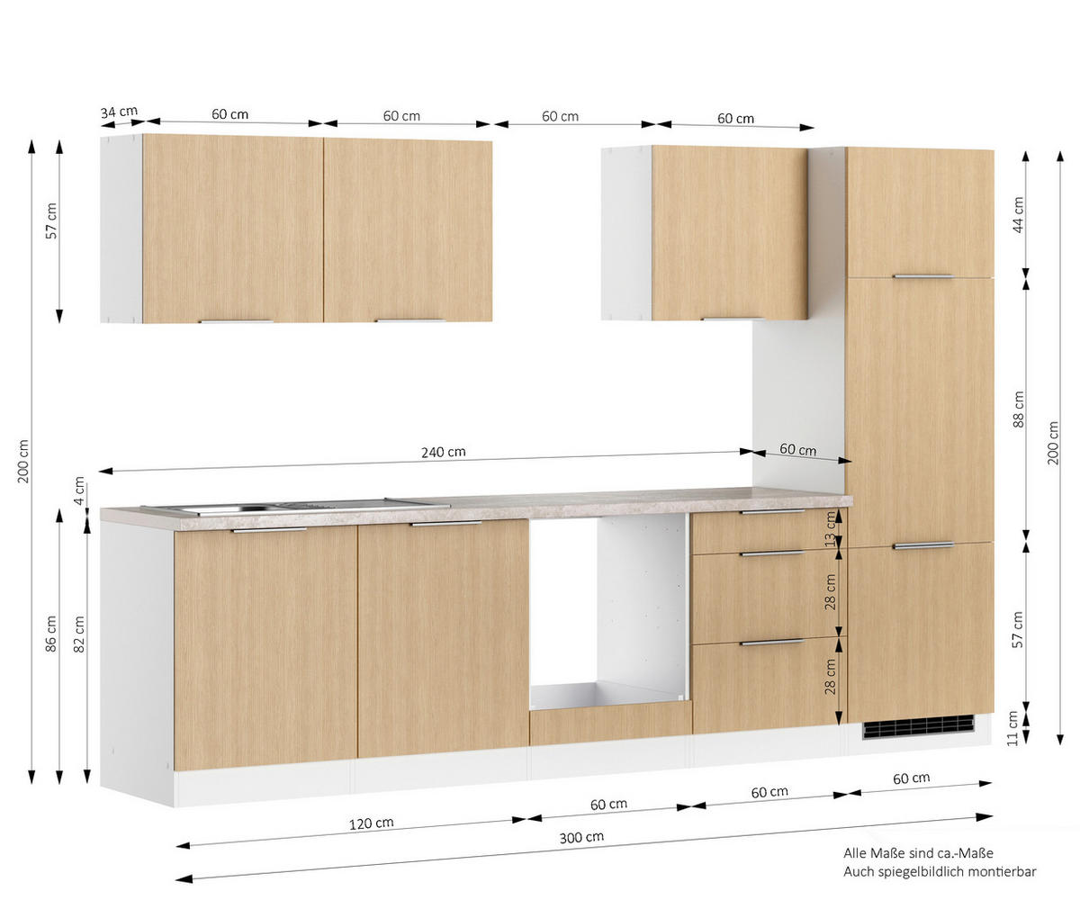 KÜCHENLEERBLOCK 300 cm   in Weiss, Eichefarben  - Weiss/Eichefarben, Lifestyle, Holzwerkstoff/Metall (300cm) - Held