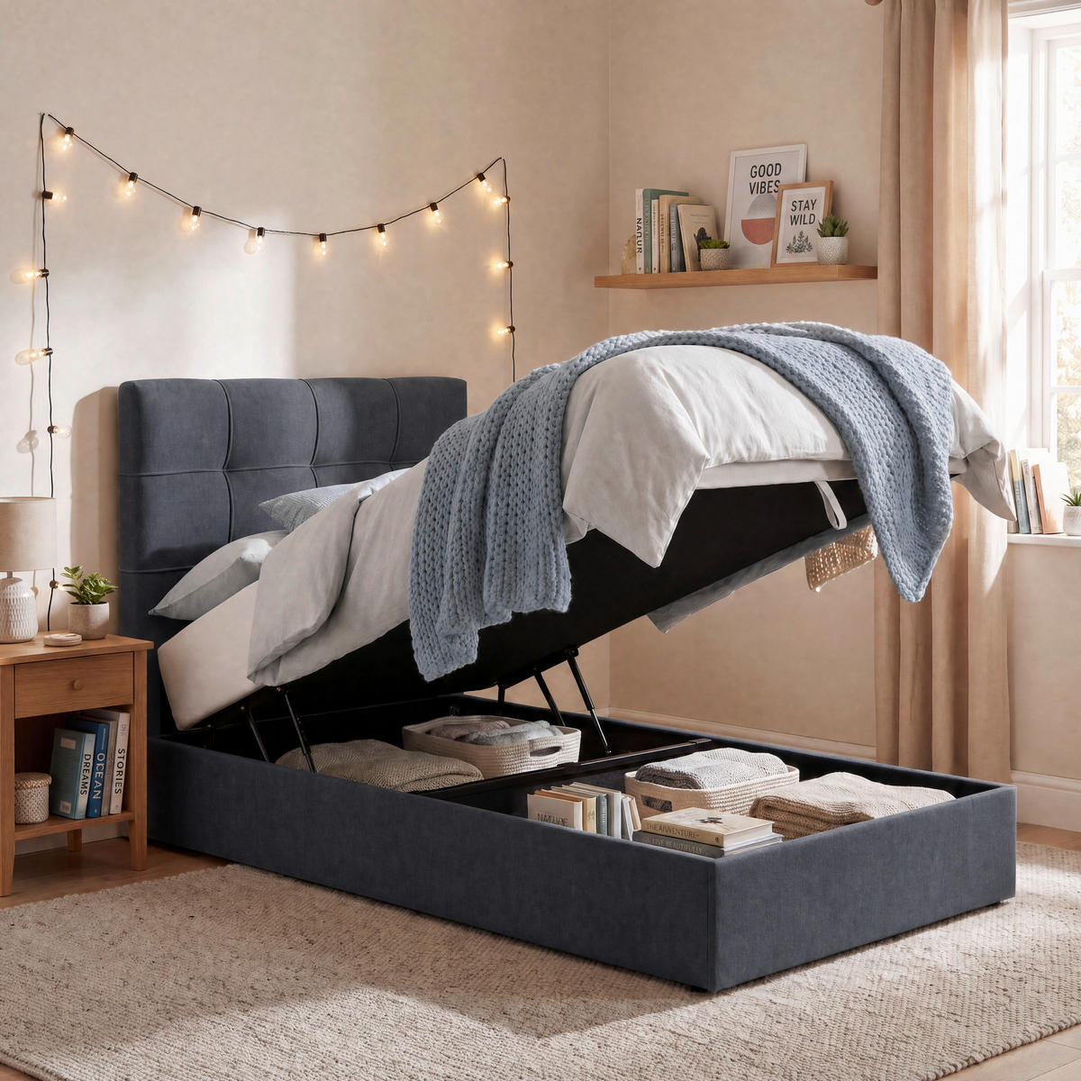 BOXBETT 100/200 cm,  in Anthrazit, Matratze, gepolstertes Kopfteil, Bettkasten, Topper, H3 = fest  - Anthrazit/Schwarz, Basics, Kunststoff/Textil (100/200cm) - Chameo