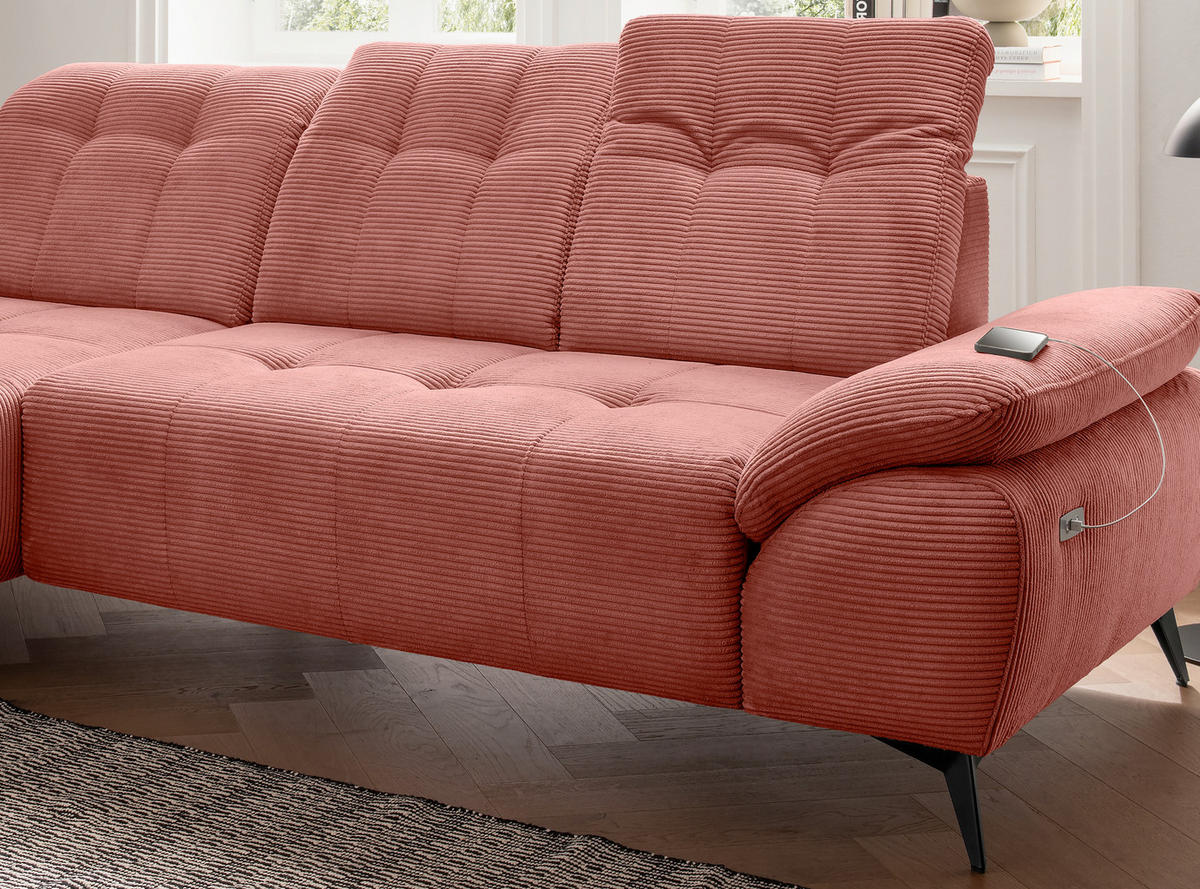 ECKSOFA FIORE Koralle Cord Kopfteilverstellung, Sitzvorzug  - Koralle/Schwarz, MODERN, Textil/Metall (180/280cm) - Livetastic