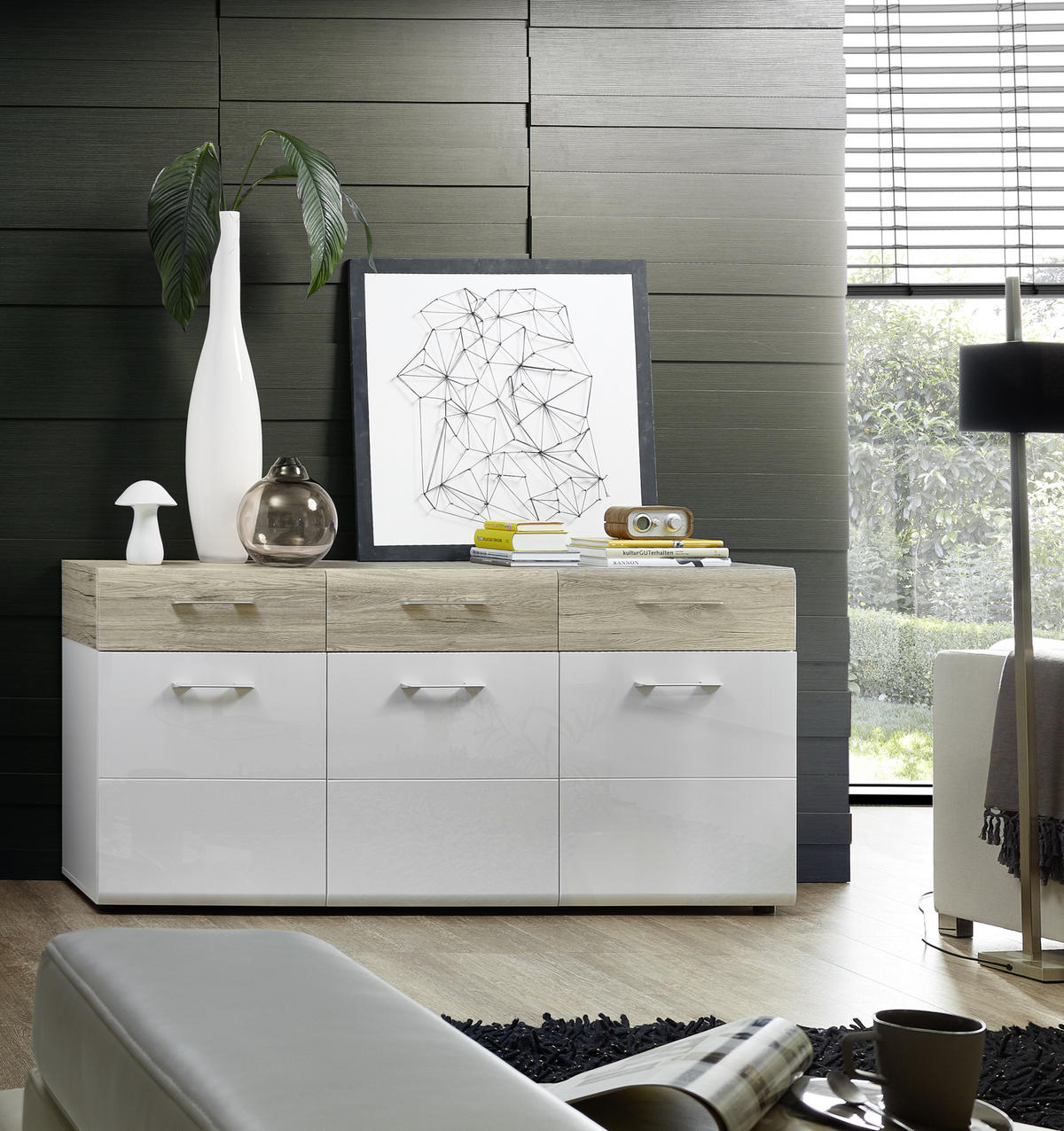 COMODĂ CU UȘI 175/85/44 cm  - alb/culoare lemn stejar, Design, plastic/material pe bază de lemn (175/85/44cm) - Carryhome