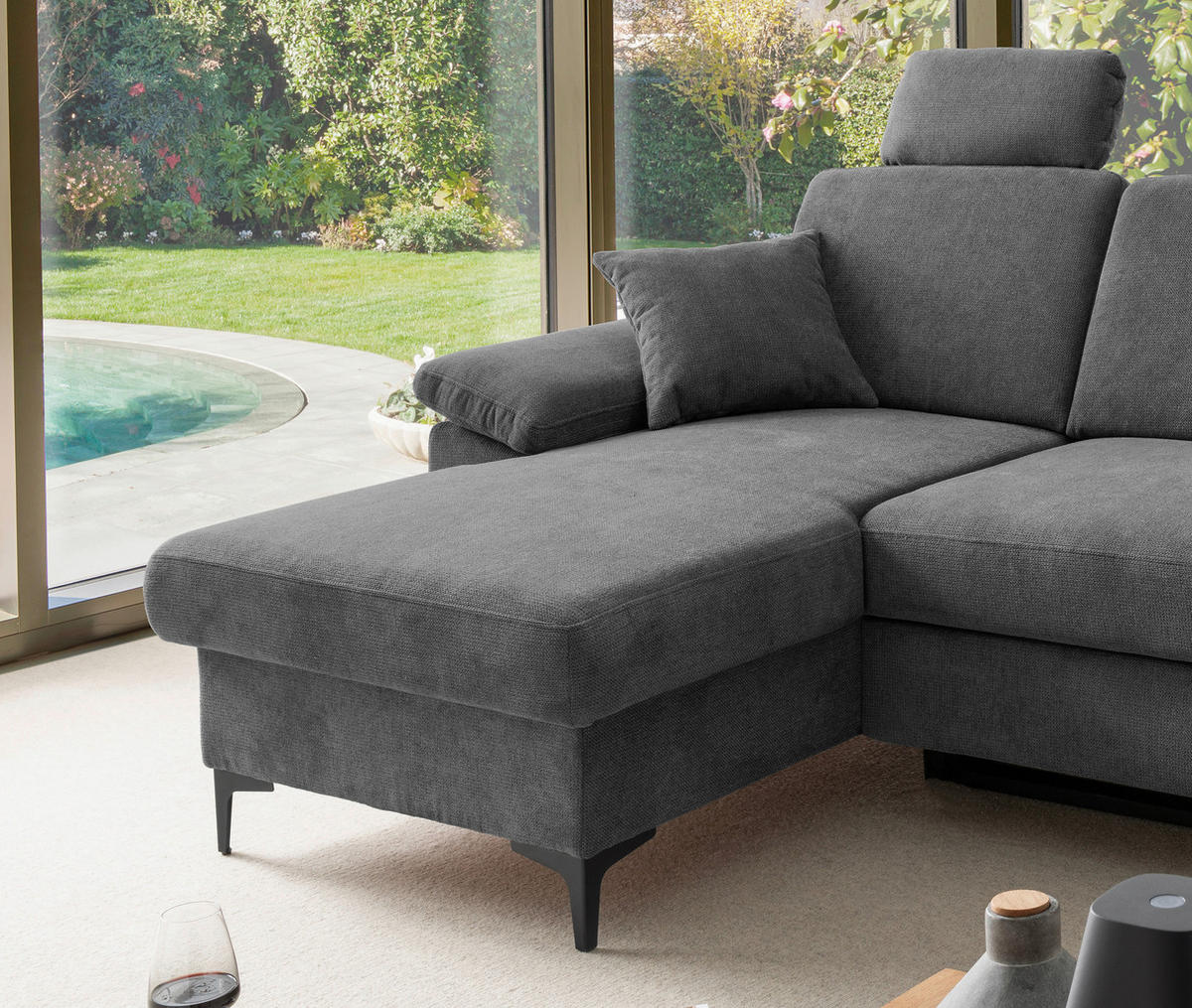 ECKSOFA Chenille Anthrazit  - Anthrazit/Schwarz, Konventionell, Textil/Metall (151/245cm) - Livetastic
