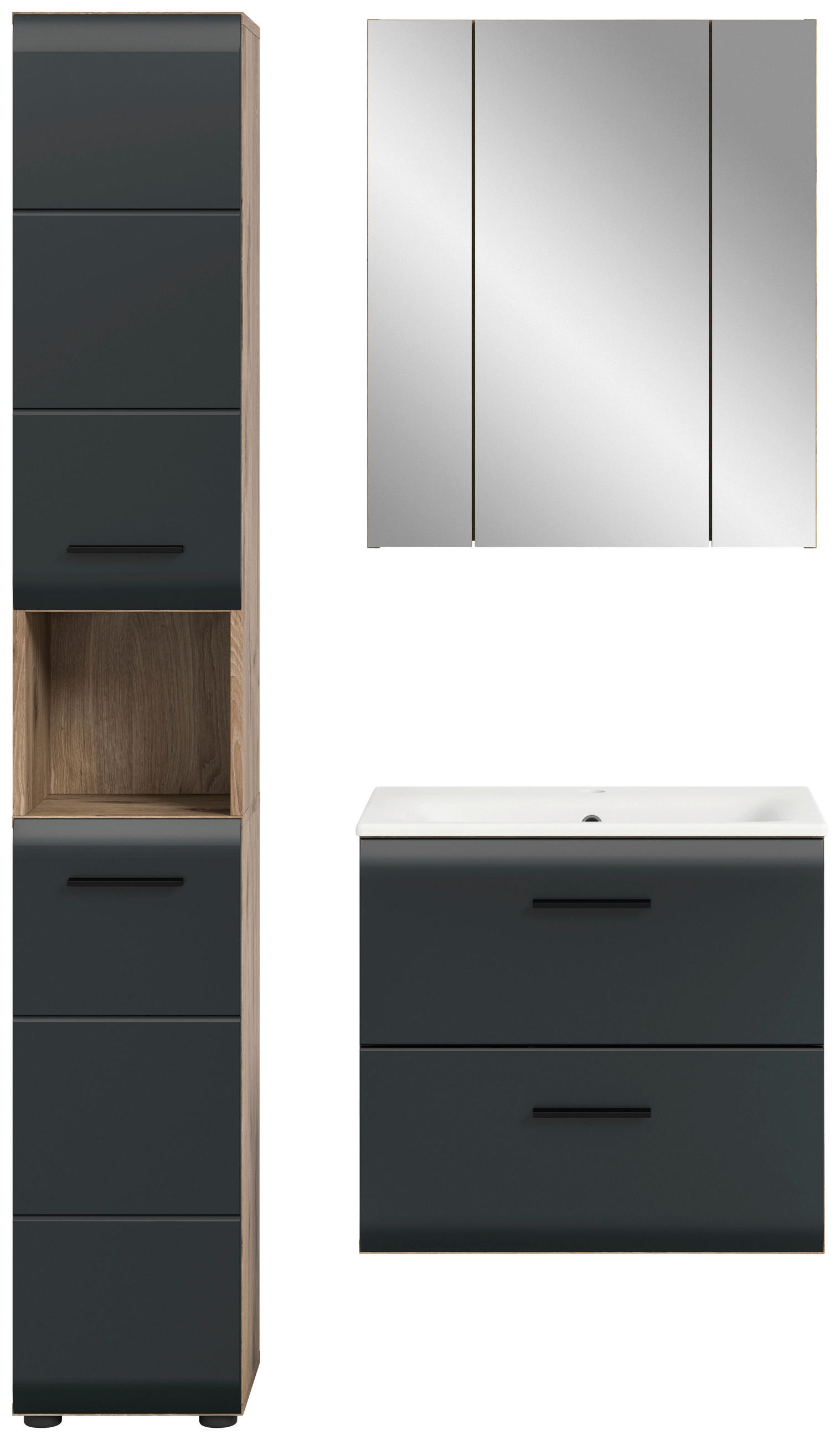 Thumbnail - Mid.you Badezimmer, Schwarz, Eiche dunkel, Kunststoff, 3-teilig, Holzoptik, 10 Fächer, 2 Schublade(n),2 Schublade(n) Sch...