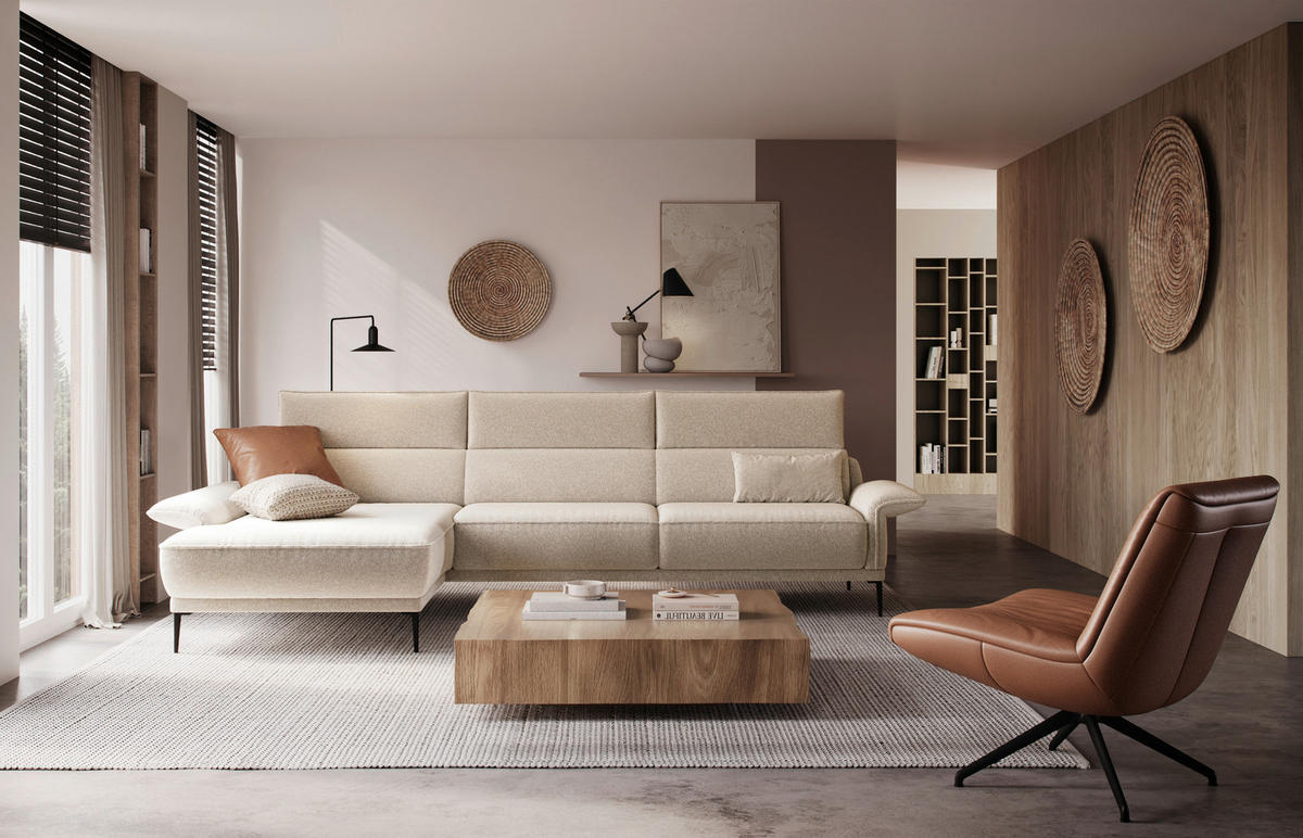 ECKSOFA in Bouclé Creme  - Creme/Schwarz, Modern, Textil/Metall (186/330cm) - Johann Jakob