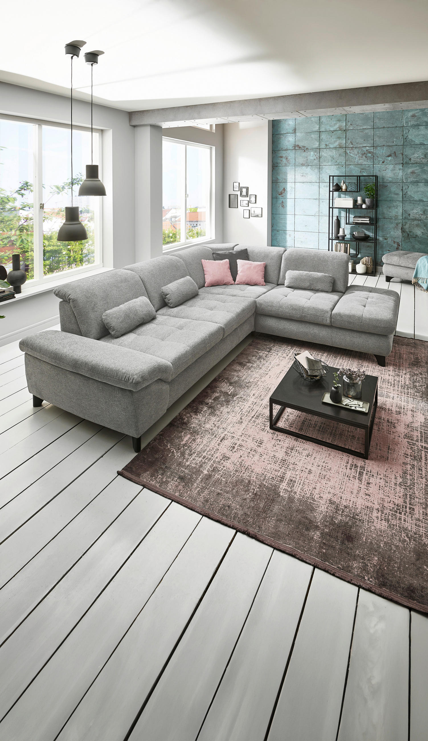 Thumbnail - Beldomo Style Ecksofa, Grau, Textil, Uni, 5-Sitzer, Ottomane rechts, L-Form, 319x260 cm, Goldenes M, seitenverkehrt erhä...