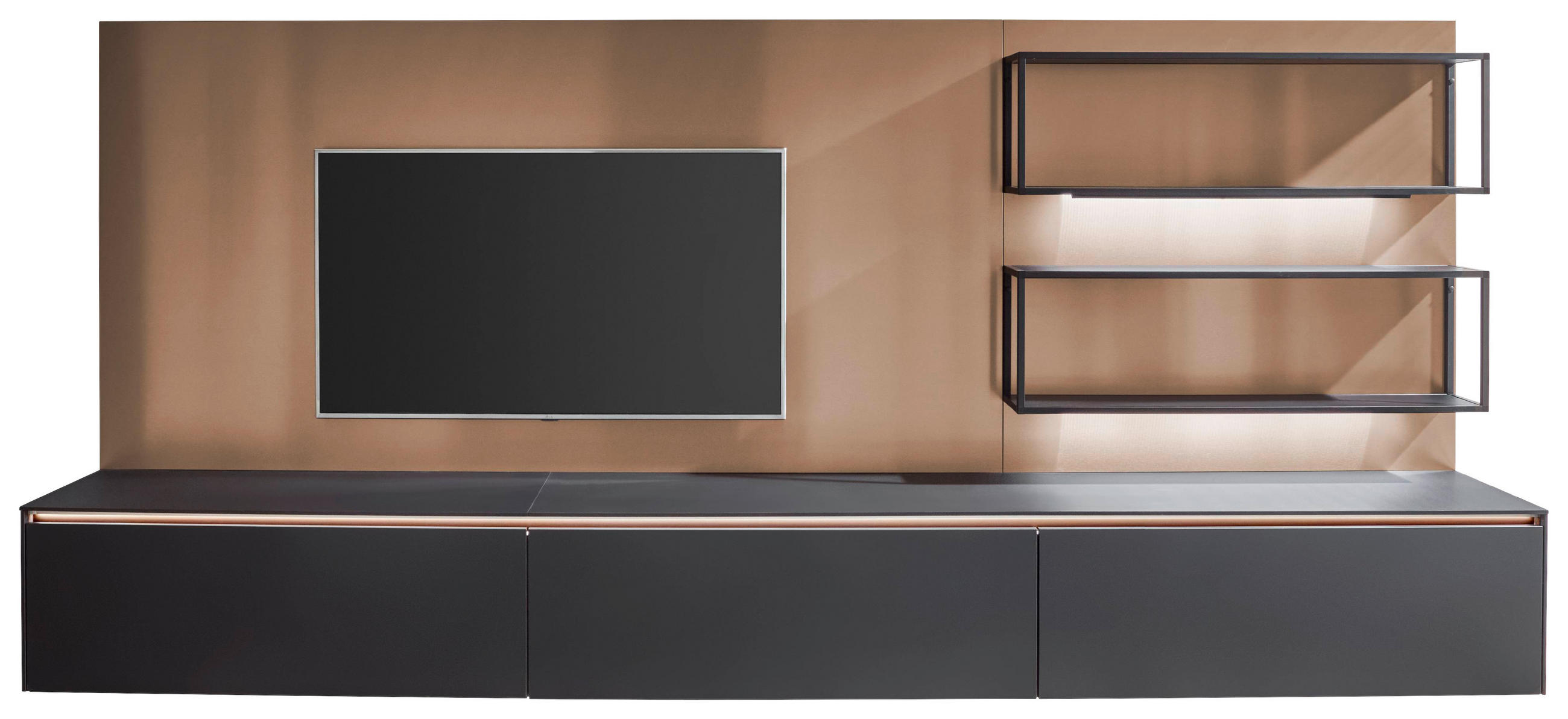 WOHNWAND  in Schwarz, Bronzefarben  362,5/186/59 cm    - Schwarz/Bronzefarben, Design, Holzwerkstoff (362,5/186/59cm) - Celina Home