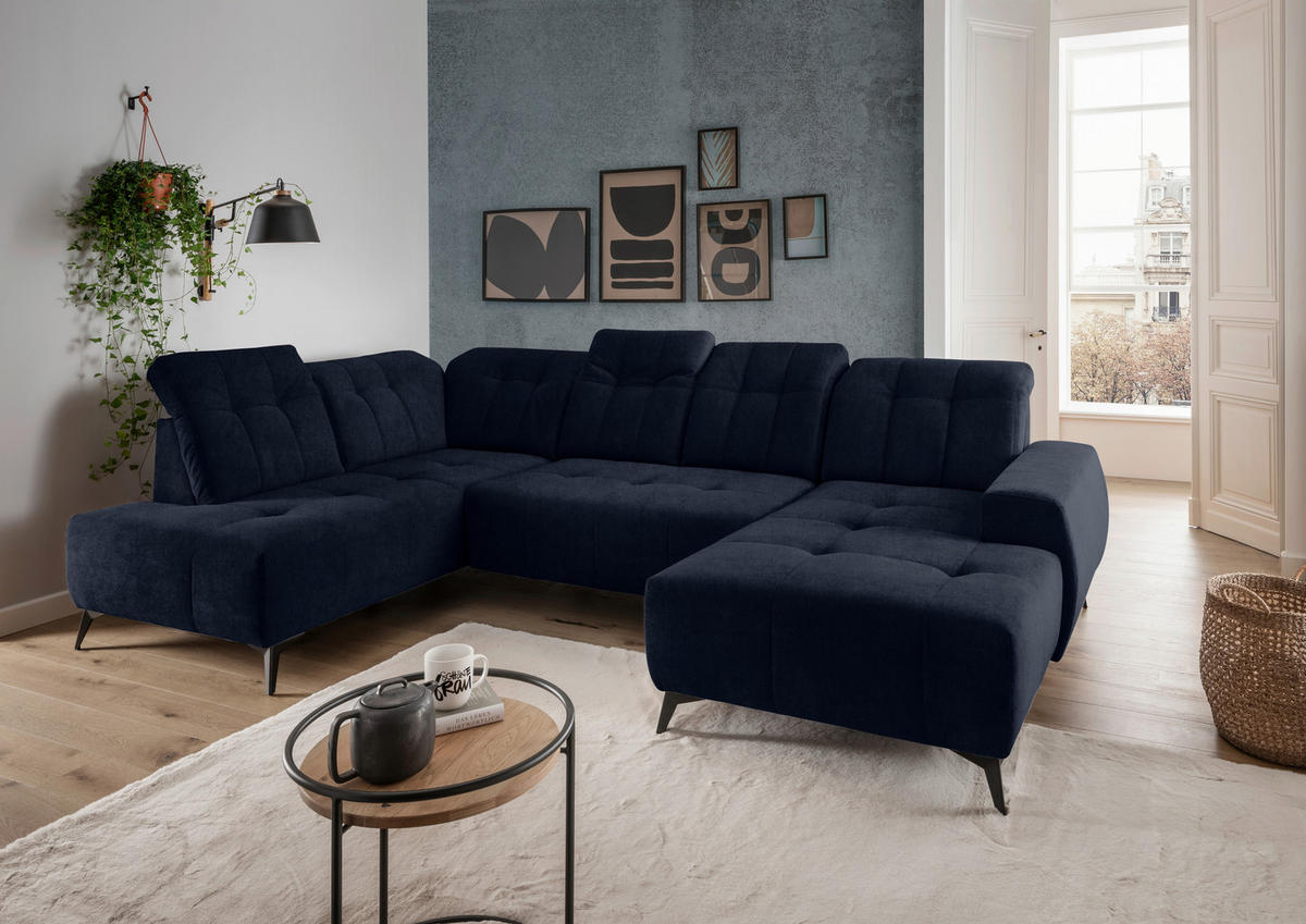 WOHNLANDSCHAFT Dunkelblau Mikrofaser  - Schwarz/Dunkelblau, MODERN, Textil/Metall (200/337/180cm) - Livetastic