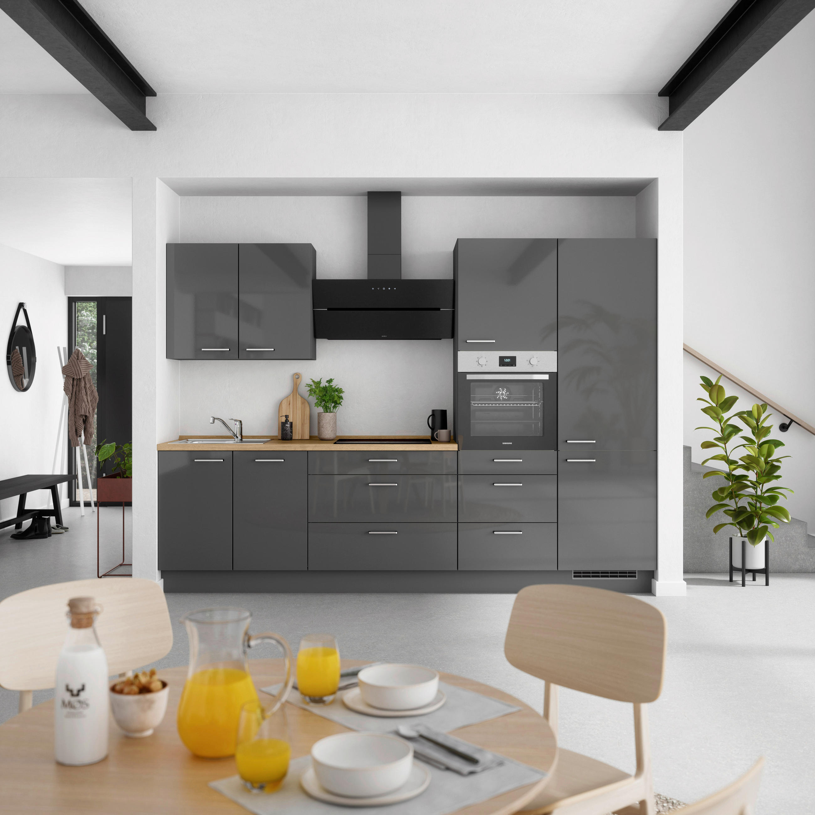 KÜCHENBLOCK Flash 300 cm  in Eichefarben, Schieferfarben  - Schieferfarben/Edelstahlfarben, MODERN, Holzwerkstoff/Metall (300cm) - Nobilia