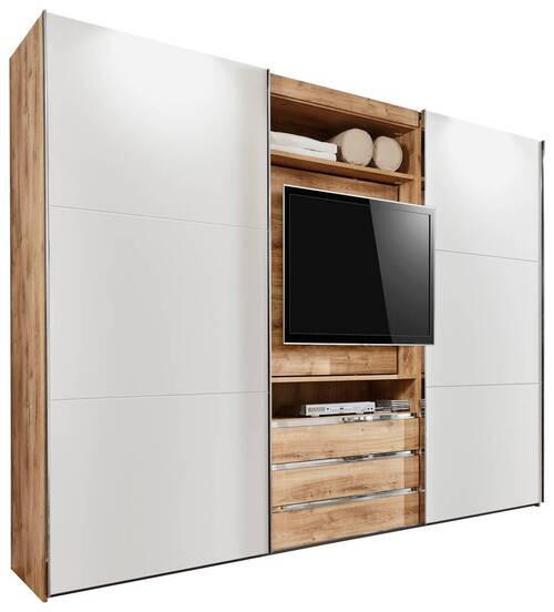 SCHWEBETÜRENSCHRANK 300/216/65 cm 2-türig Weiß, Eichefarben  - Edelstahlfarben/Eichefarben, MODERN, Holzwerkstoff/Metall (300/216/65cm) - MID.YOU