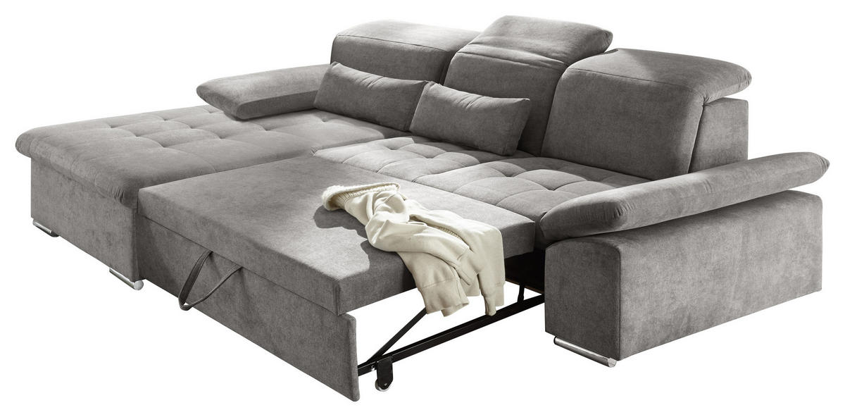 ECKSOFA in Mikrovelours Grau  - Silberfarben/Grau, Konventionell, Holzwerkstoff/Kunststoff (188/276cm) - MID.YOU
