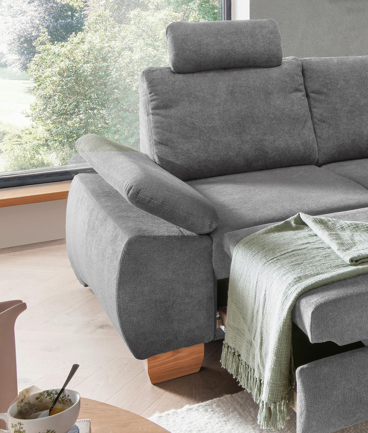 ECKSCHLAFSOFA Chenille Dunkelgrau  - Wildeiche/Dunkelgrau, MODERN, Holz/Textil (261/206cm) - Livetastic