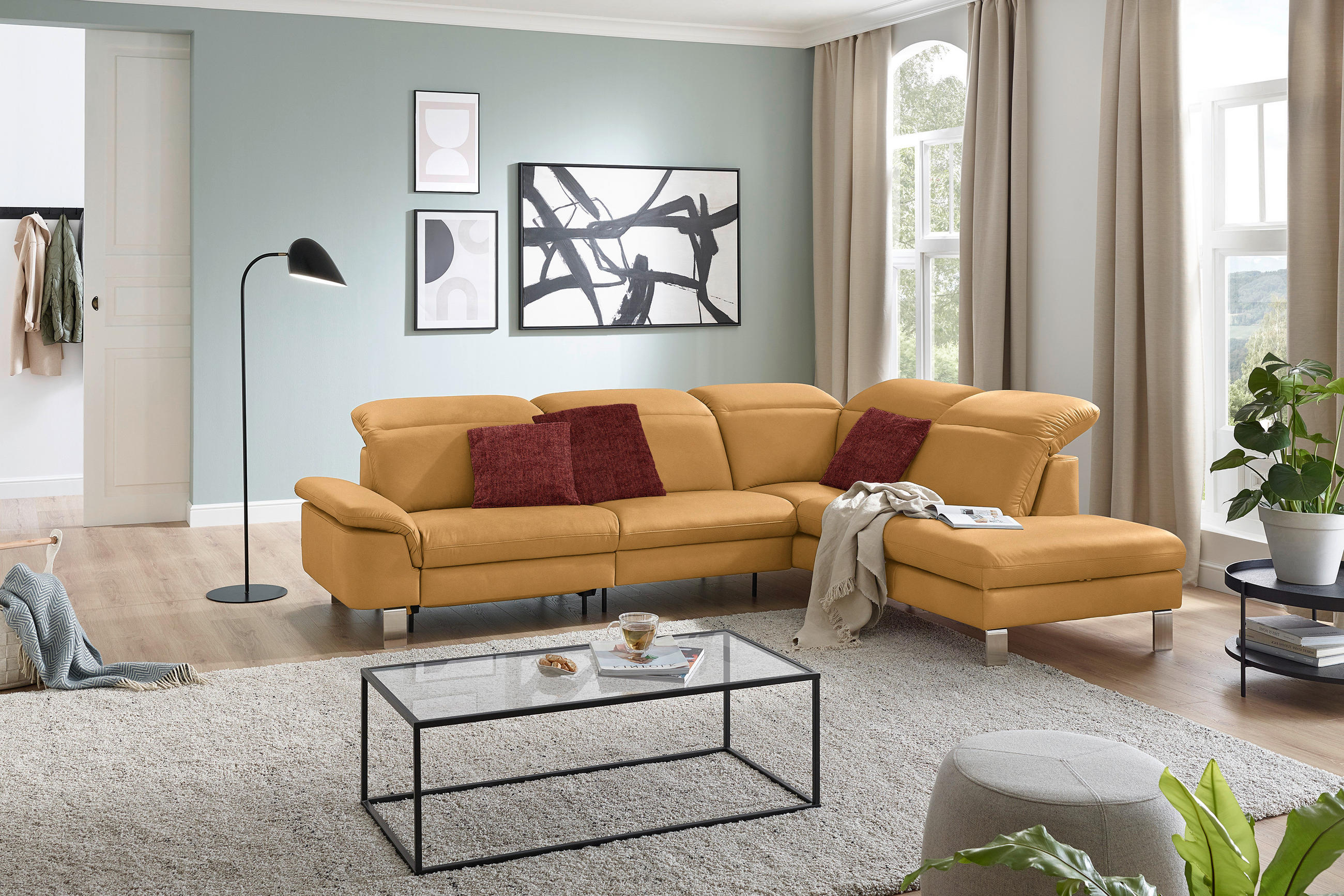 ECKSOFA in Echtleder Senfgelb  309/233 cm  - Edelstahlfarben/Senfgelb, Design, Leder/Metall (309/233cm) - Dieter Knoll