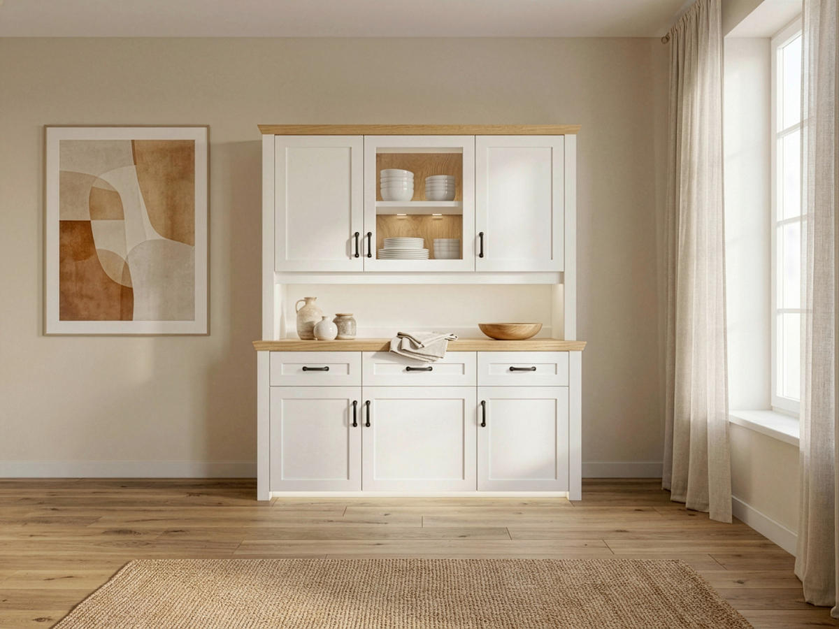 BUFFET 166/185/43 cm  in Weiß, Eichefarben  - Eichefarben/Messingfarben, LIFESTYLE, Glas/Holz (166/185/43cm) - Landscape