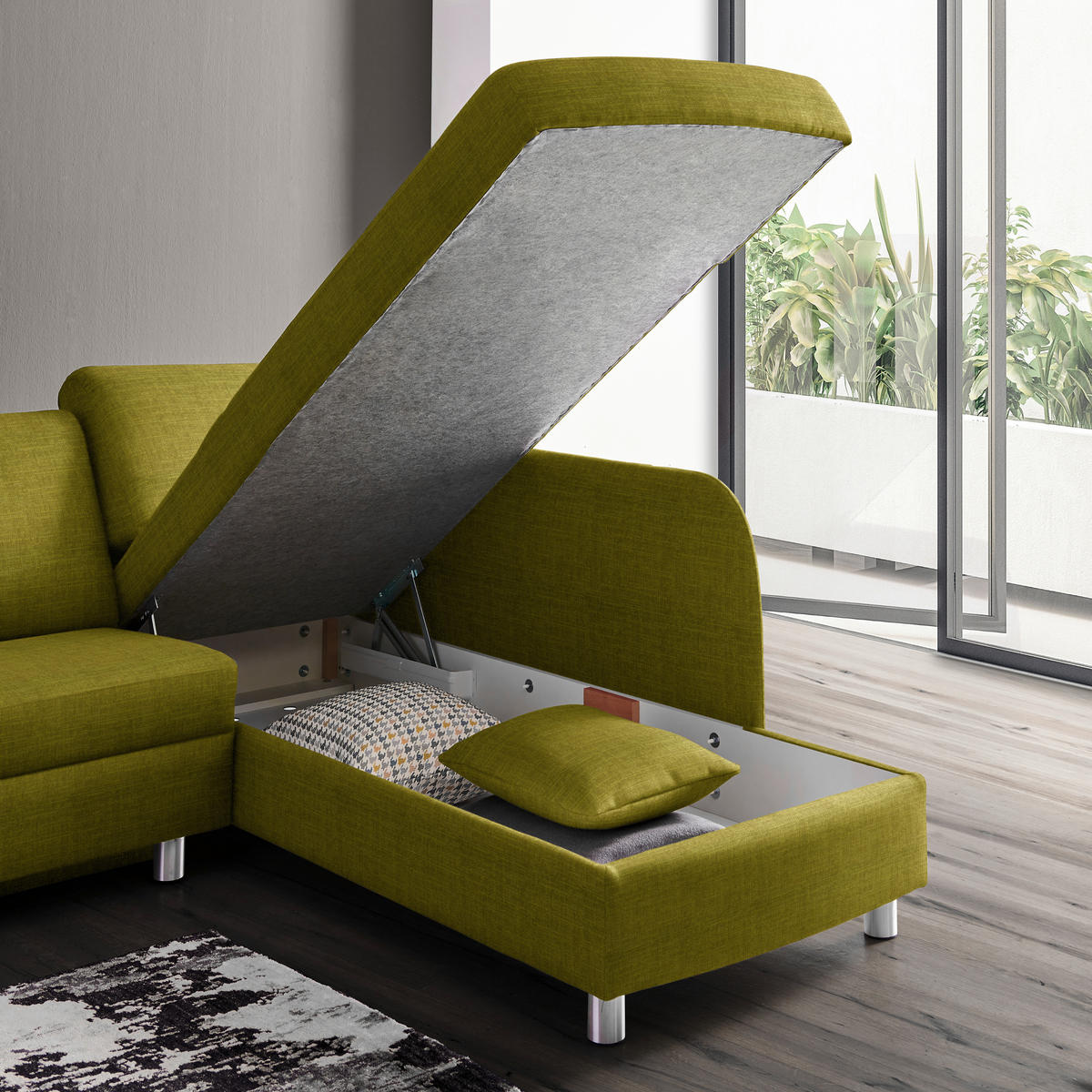 ECKSOFA in Chenille Grün  227/208 cm  - Alufarben/Grün, KONVENTIONELL, Textil/Metall (227/208cm) - Sedda