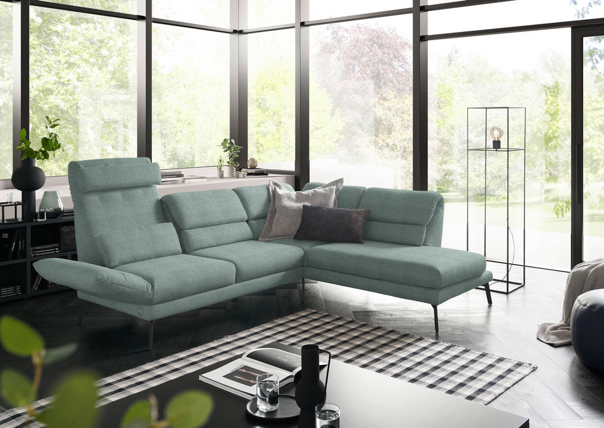 ECKSOFA in Flachgewebe Salbeigrün  - Salbeigrün/Schwarz, Design, Textil/Metall (256-363/212-253cm) - Dieter Knoll