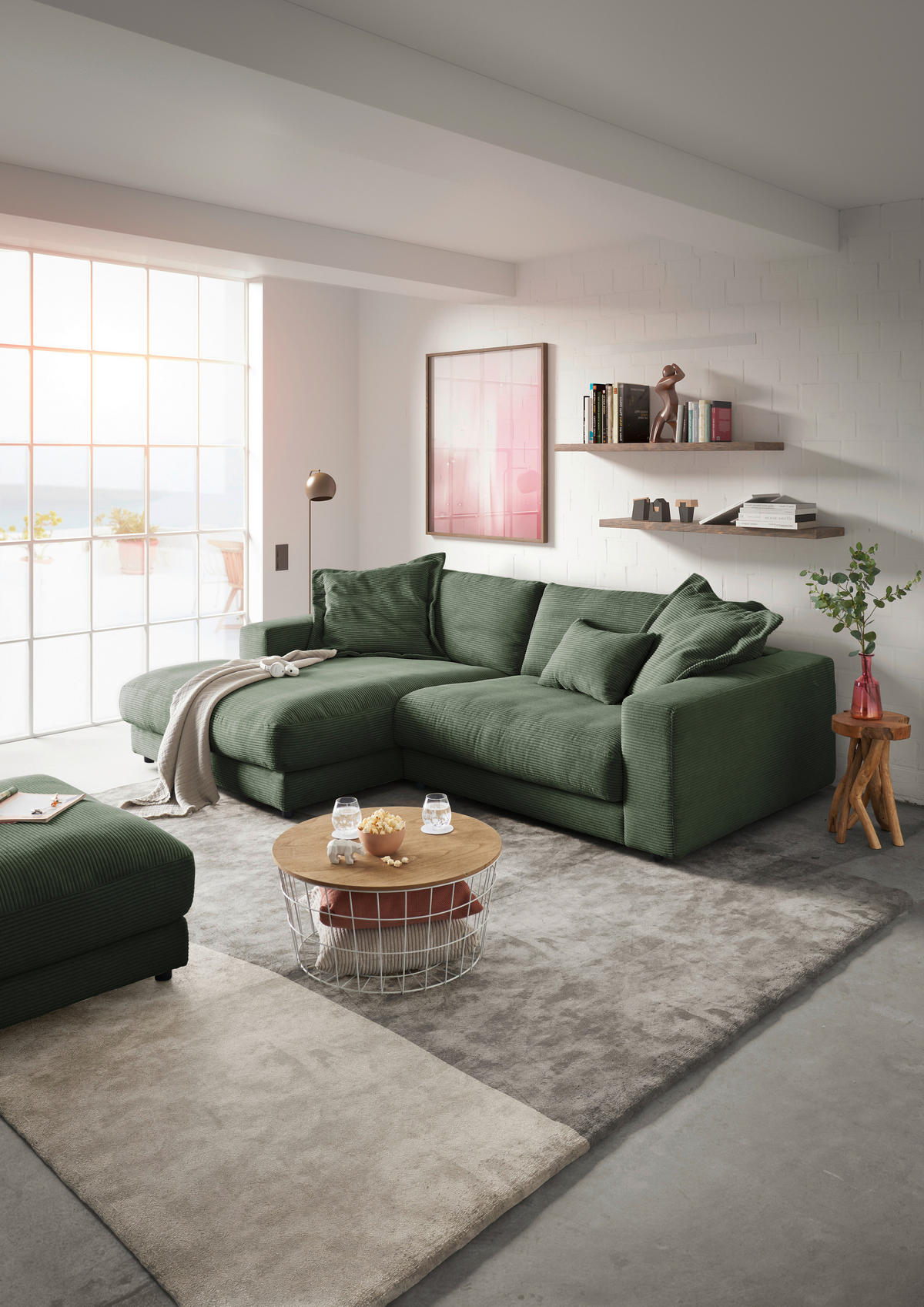 ECKSOFA in Cord Olivgrün  - Schwarz/Olivgrün, Design, Kunststoff/Textil (190/270cm) - Lomoco