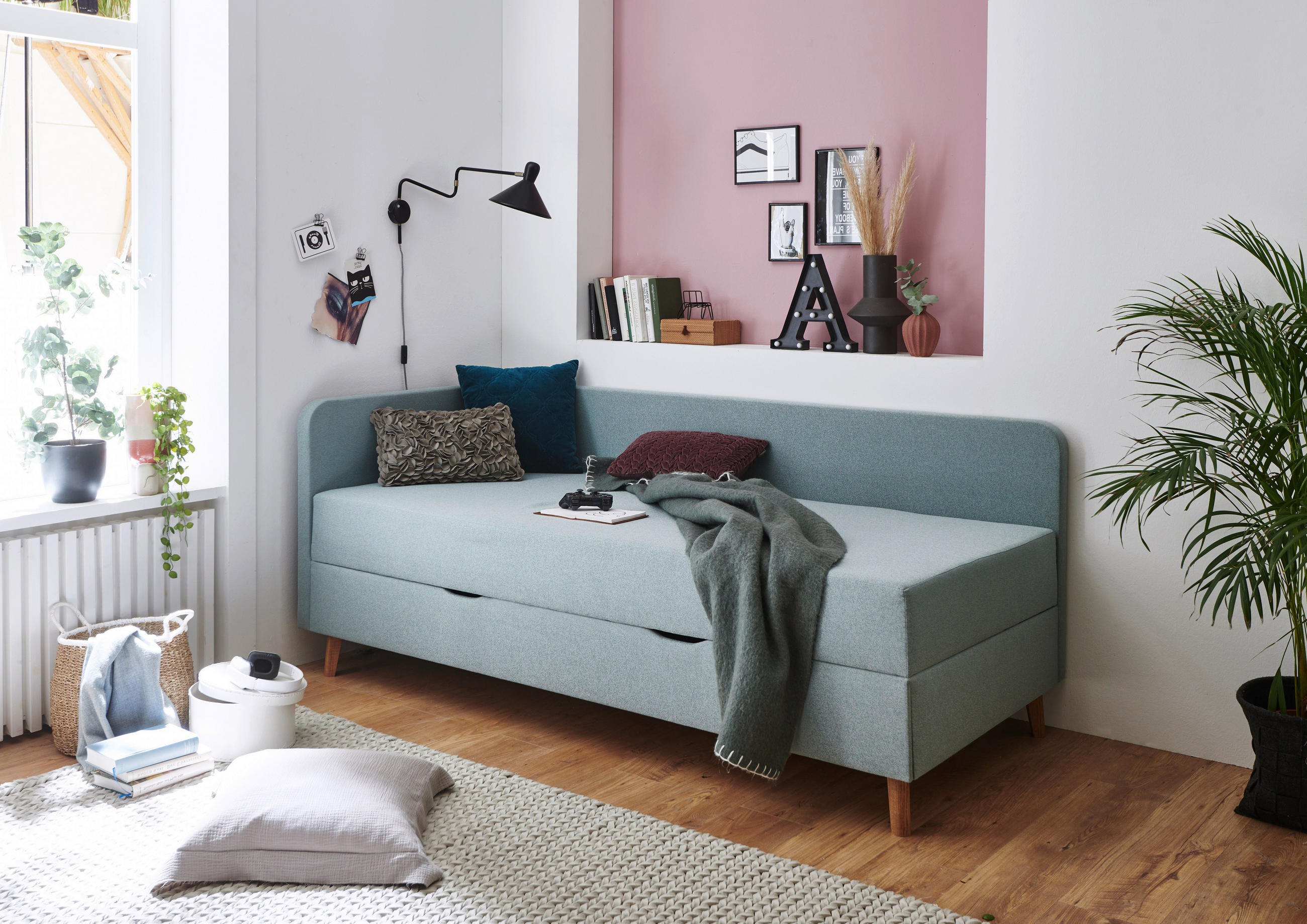 LIEGE Flachgewebe Hellblau  - Eichefarben/Hellblau, Design, Holz/Textil (120/200cm) - home24