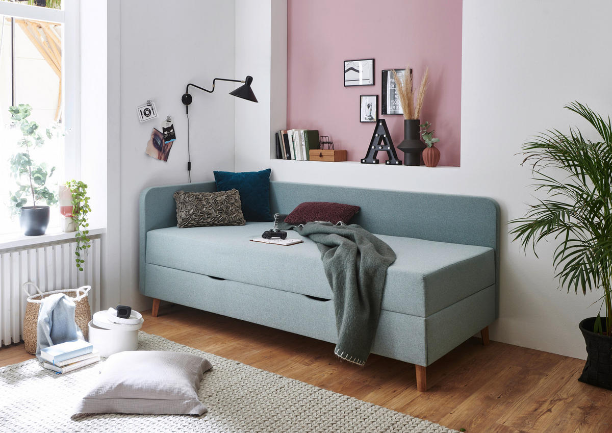 LIEGE Flachgewebe Hellblau  - Eichefarben/Hellblau, Design, Holz/Textil (120/200cm) - home24