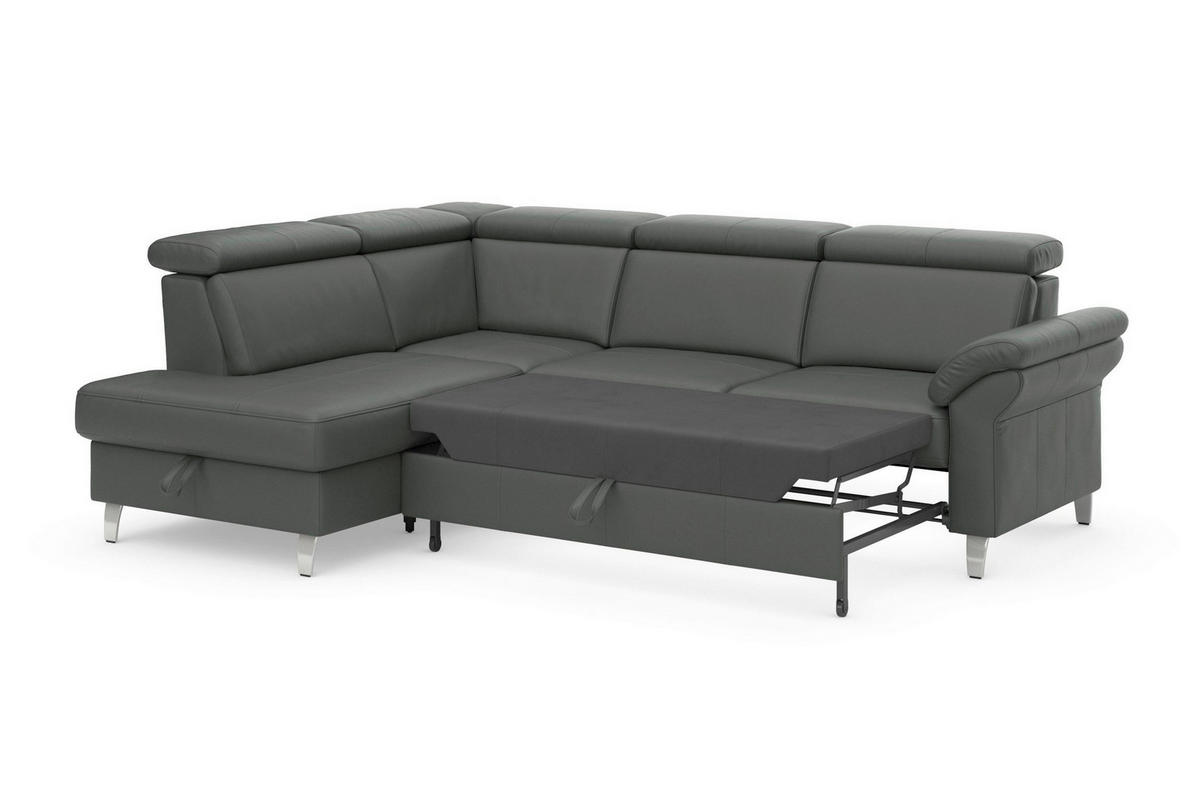 ECKSOFA ARNGAST E Mokka Kombination Echtleder/Stoff Mikrofaser Bettkasten, Kopfteilverstellung  - Chromfarben/Mokka, Basics, Leder/Textil (194/245cm) - Sit & More
