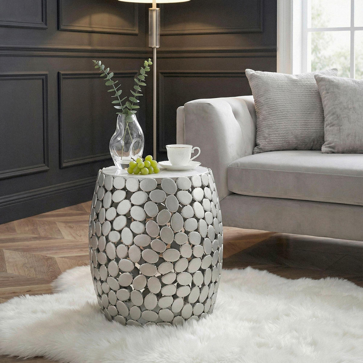 BEISTELLTISCH Silberfarben rund  - Silberfarben, Design, Stein/Metall (40/46/40cm) - Livetastic