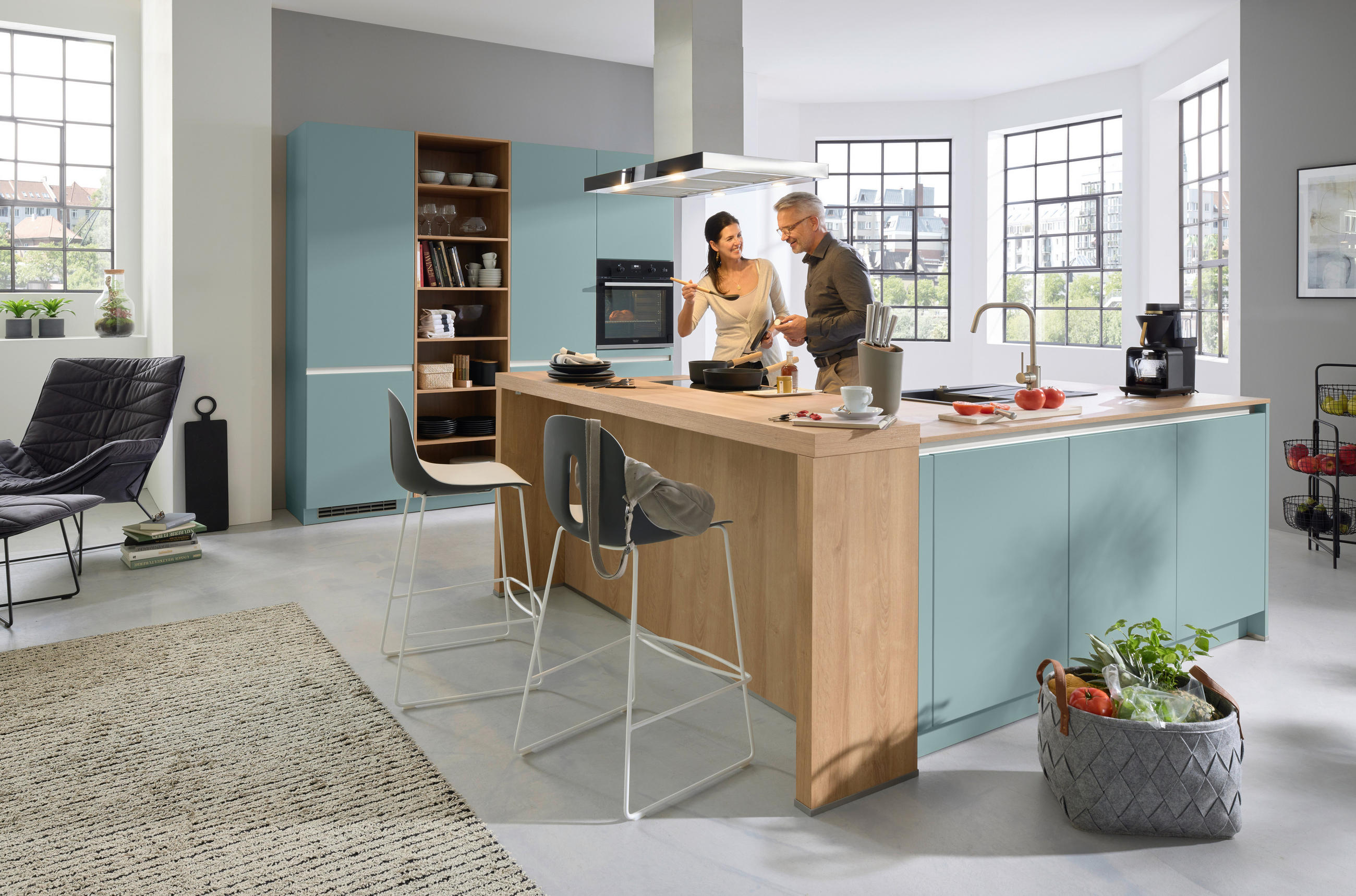 EINBAUKÜCHE SILVIA  - Eichefarben/Hellblau, Design, Holzwerkstoff - Novel