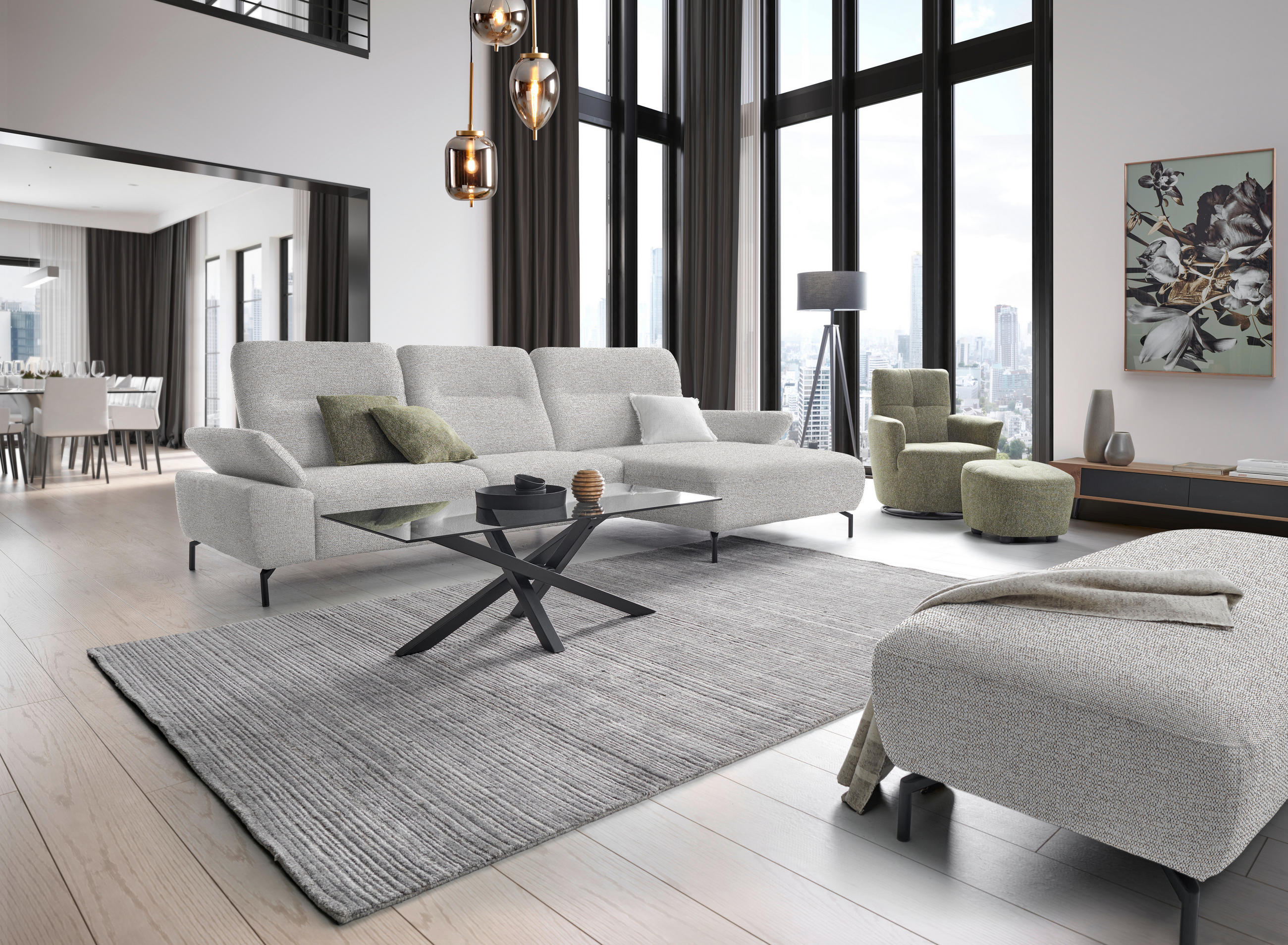 ECKSOFA in Chenille, Flachgewebe Ecru  318/165 cm  - Ecru/Schwarz, Design, Textil/Metall (318/165cm) - Xora