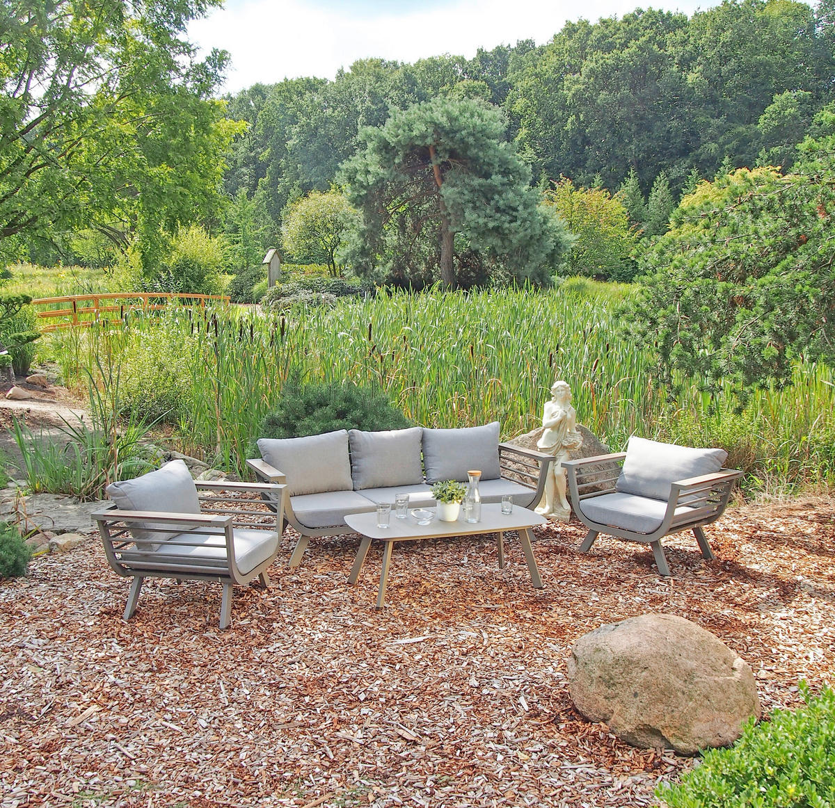 LOUNGEGARNITUR 4-teilig   145/62,5/220 cm Aluminium  - Taupe/Hellgrau, Basics, Kunststoff/Textil (145/62,5/220cm) - Gardenson