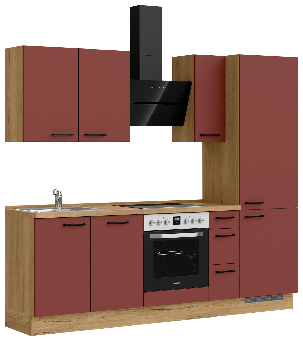 KÜCHENBLOCK Easytouch 240 cm  in Eichefarben, Dunkelrot  - Eichefarben/Schwarz, MODERN, Holzwerkstoff/Metall (240cm) - Nobilia