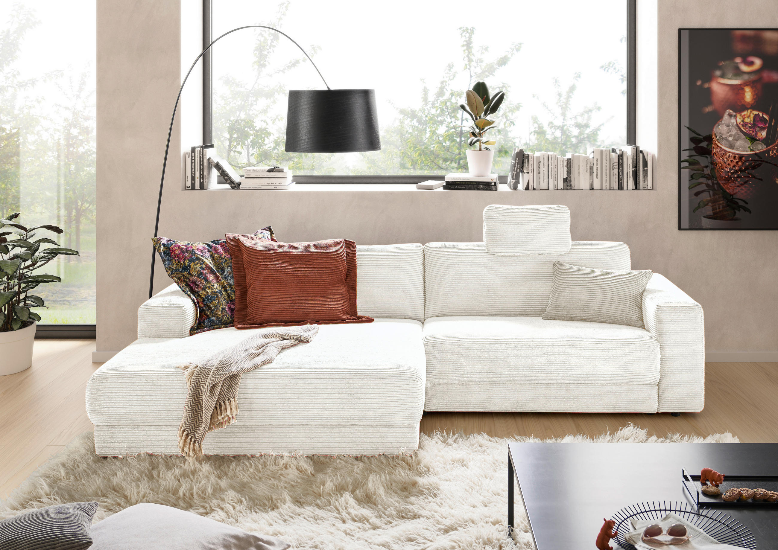 ECKSOFA in Cord Creme  - Creme/Schwarz, Design, Kunststoff/Textil (168/296cm) - Pure Home Lifestyle