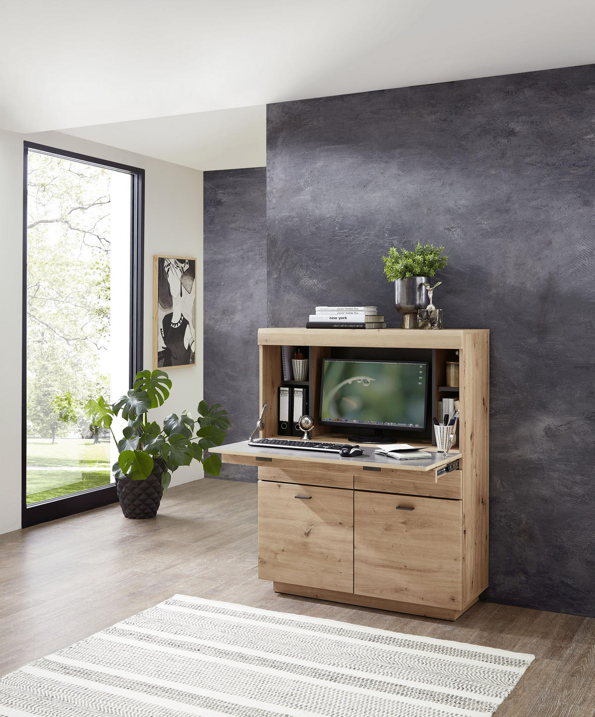 SEKRETÄR  Kabeldurchlass, klappbar  - Graphitfarben/Eiche Artisan, MODERN, Holzwerkstoff/Metall (98/124/40cm) - Livetastic