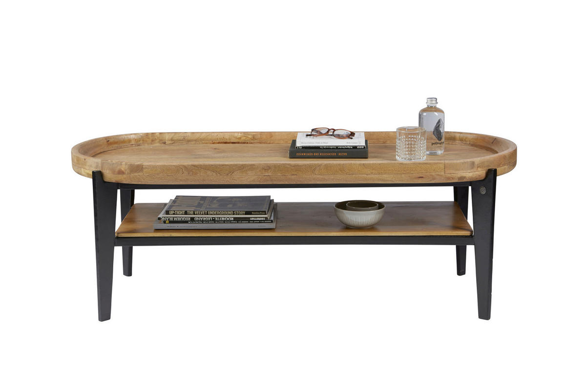 COUCHTISCH Mangoholz massiv 120/50/40 cm oval Naturfarben, Schwarz  - Schwarz/Naturfarben, Design, Holz/Metall (120/50/40cm) - MID.YOU
