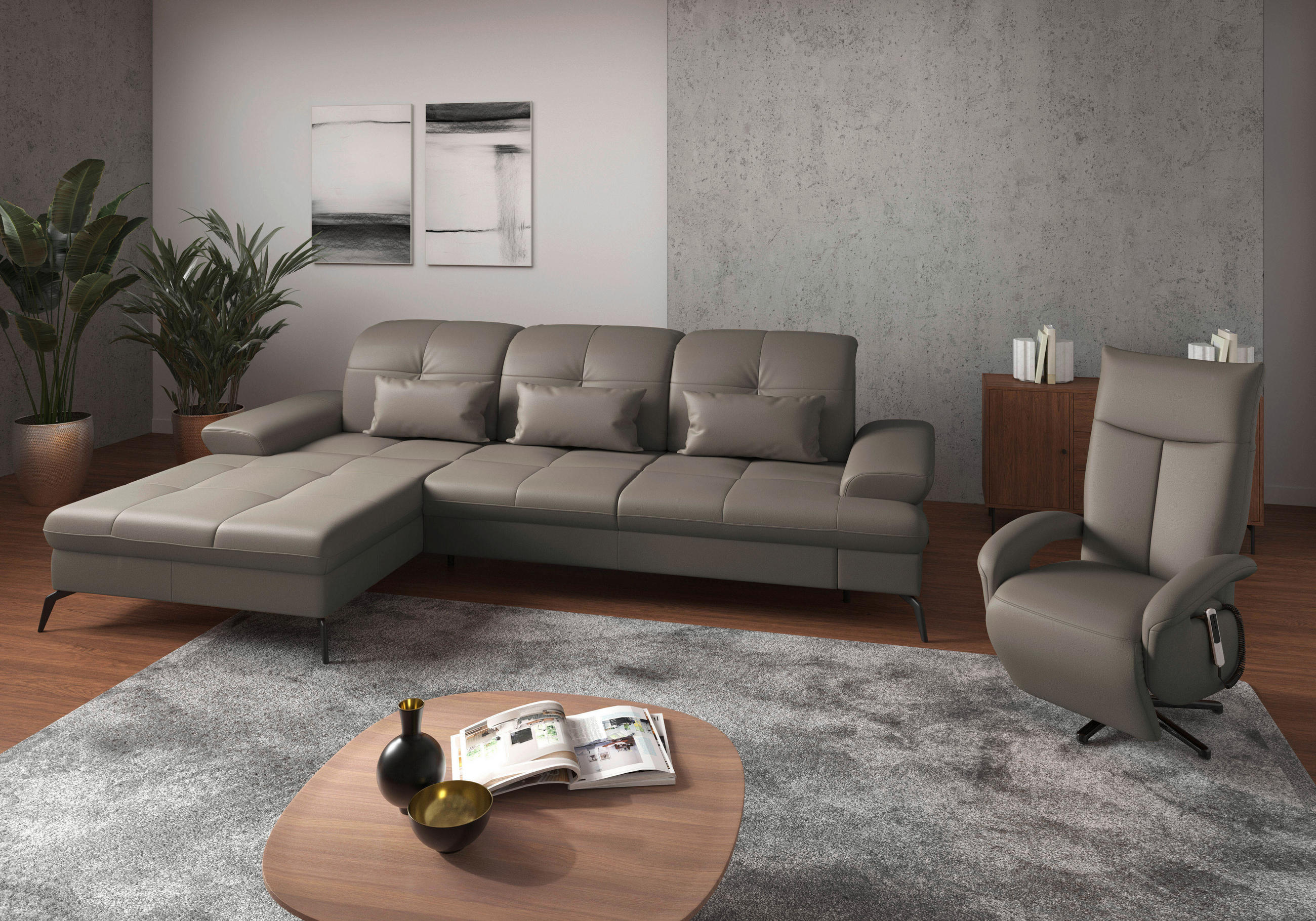 Thumbnail - Sit & More Ecksofa, Grau, Leder, Echtleder, Nappaleder, 4,5-Sitzer, Ottomane links, L-Form, 279x185 cm, Goldenes M, Made...