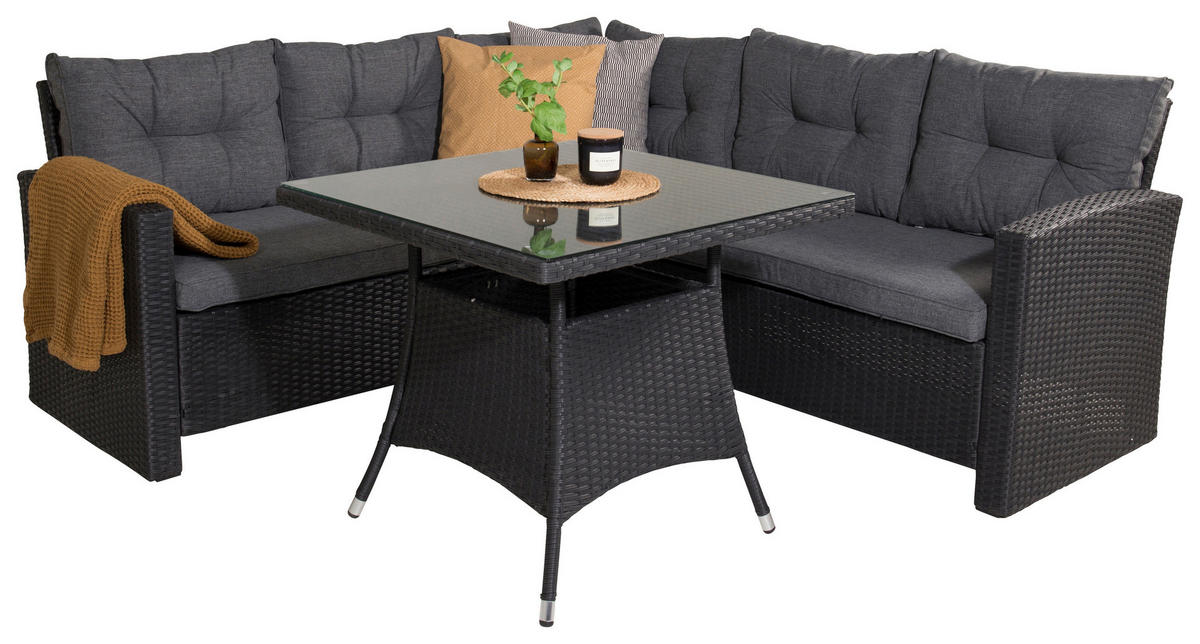 LOUNGEGARNITUR    - Schwarz/Grau, KONVENTIONELL, Glas/Kunststoff - Gardenson