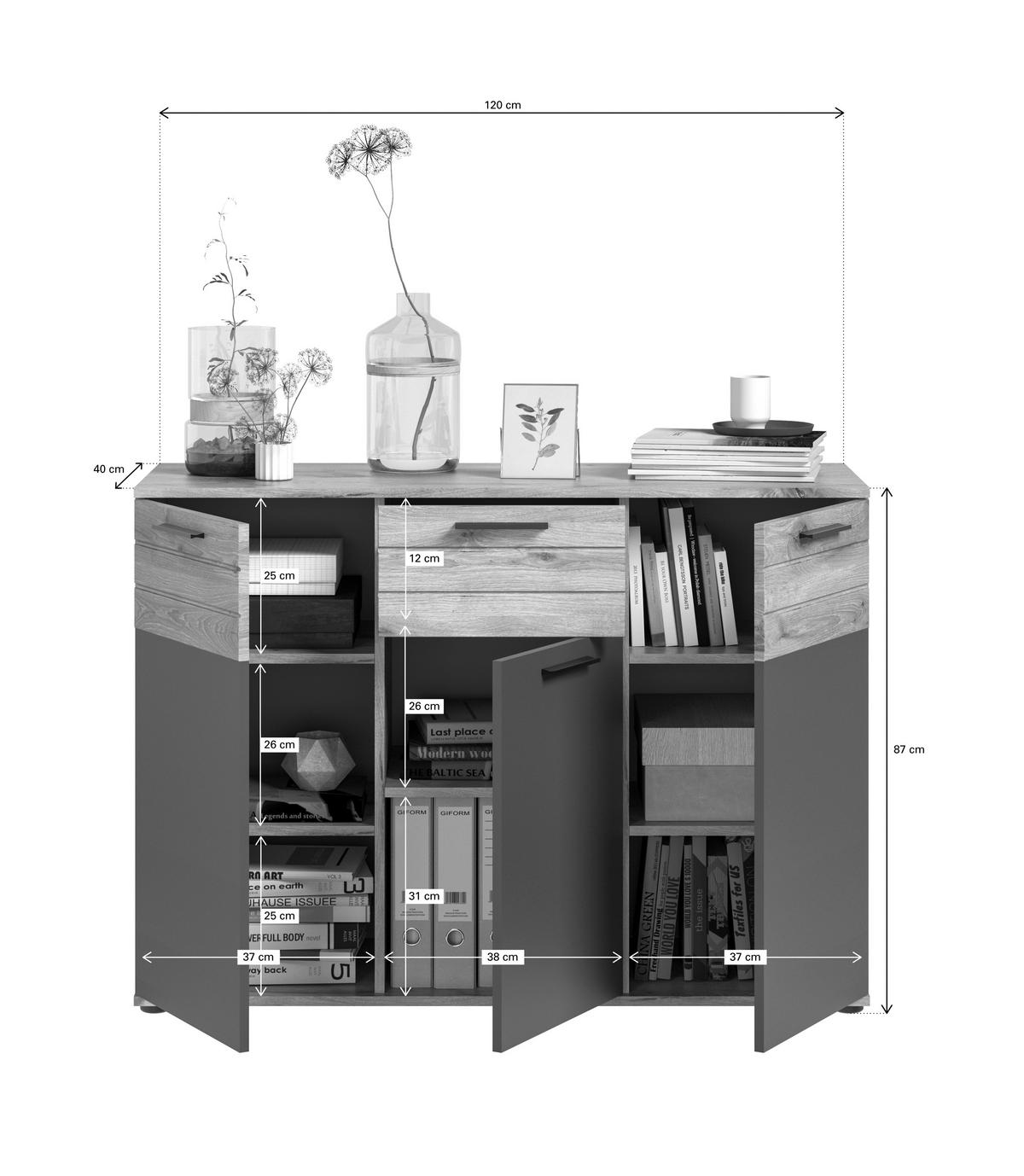 KOMMODE  in 120/87/40 cm  - Eichefarben/Grau, Holzwerkstoff/Kunststoff (120/87/40cm) - MID.YOU