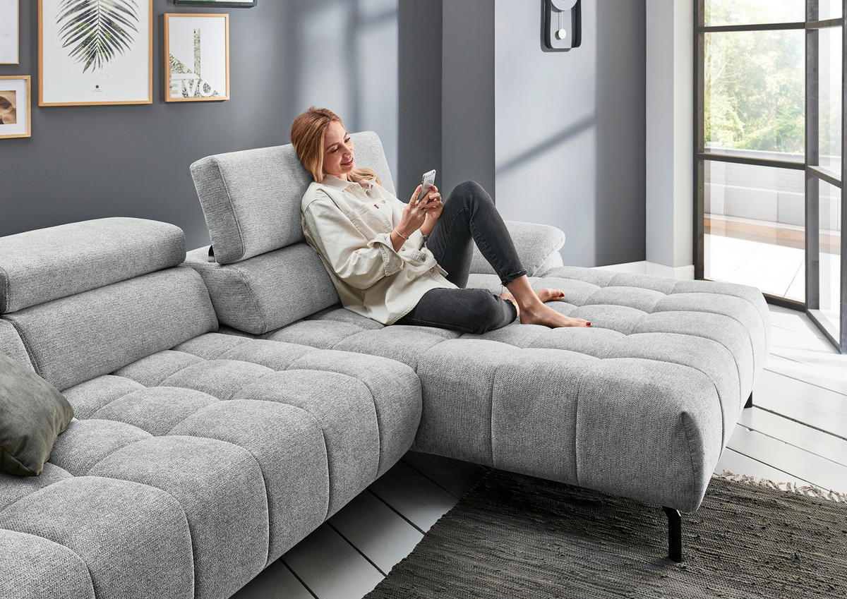ECKSOFA in Chenille Grauweiss  - Schwarz/Grauweiss, Design, Textil/Metall (329/190cm) - Beldomo Style