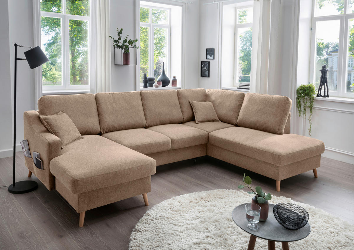 WOHNLANDSCHAFT Chenille Hellbraun  - Hellbraun/Naturfarben, Konventionell, Holz/Textil (150/301/200cm) - Livetastic