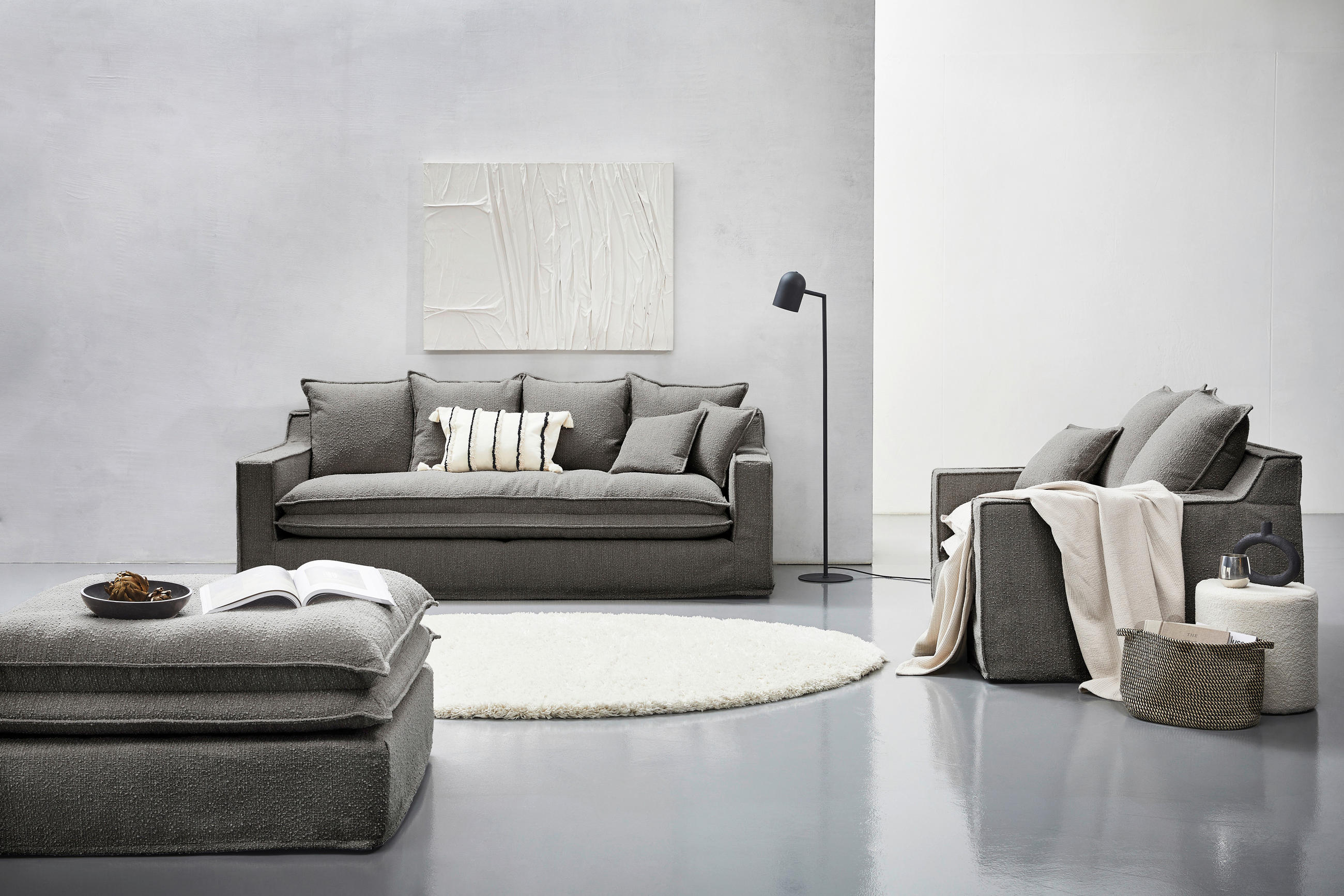 HUSSEN-3-SITZER-SOFA Bouclé Grau  - Schwarz/Grau, Trend, Kunststoff/Textil (227/92/105cm) - Livetastic