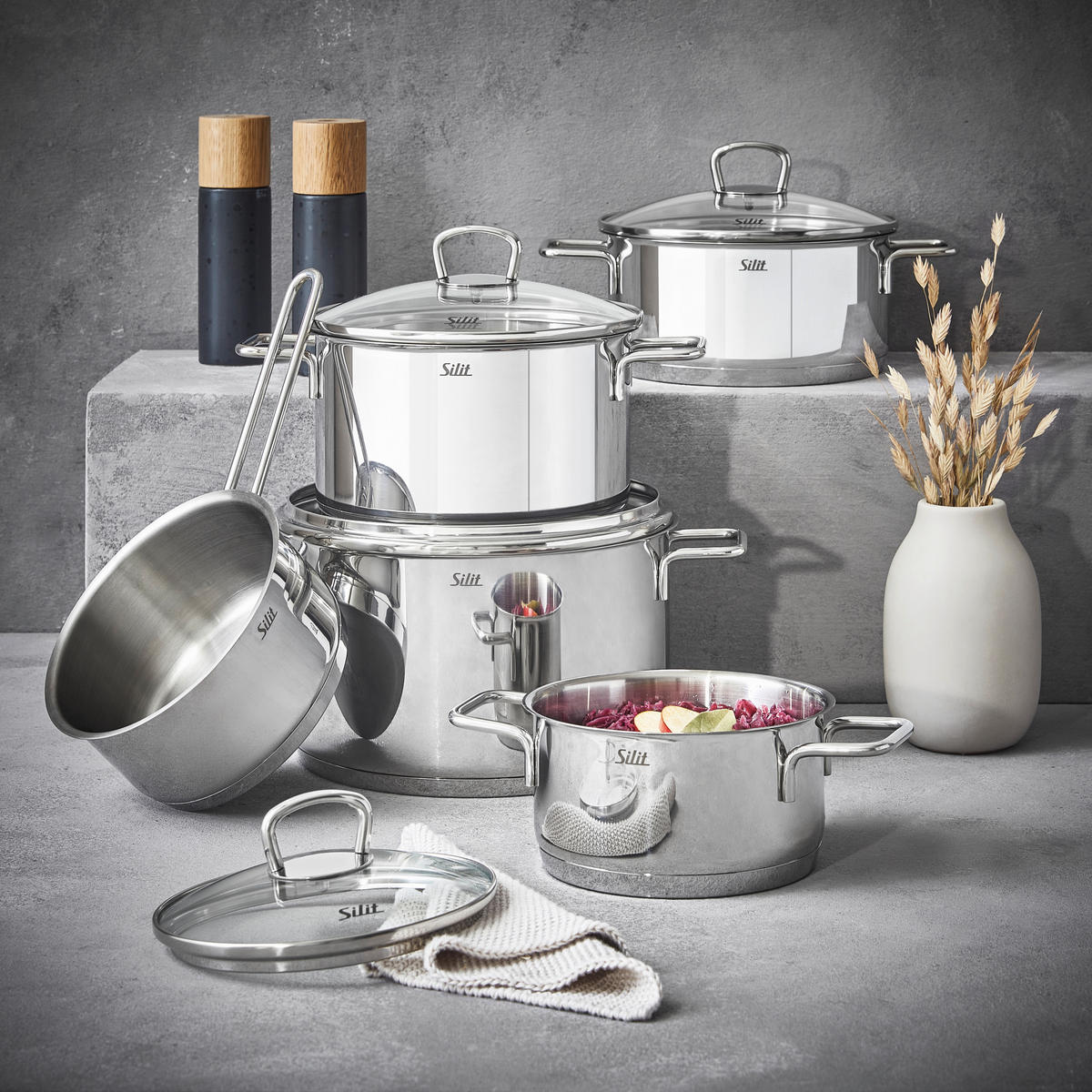 KOCHTOPFSET Alicante 5-teilig  - Edelstahlfarben, Basics, Glas/Metall - Silit