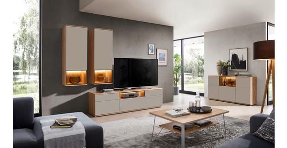 WOHNWAND  in Grau, Buchefarben  255/215/45 cm  - Buchefarben/Schwarz, KONVENTIONELL, Glas/Holzwerkstoff (255/215/45cm) - Venda