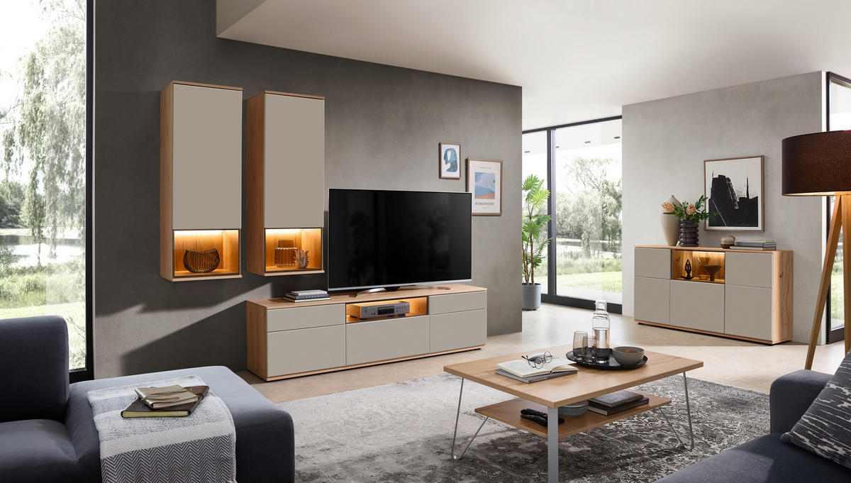 WOHNWAND  in Grau, Buchefarben  255/215/45 cm  - Buchefarben/Schwarz, KONVENTIONELL, Glas/Holzwerkstoff (255/215/45cm) - Venda