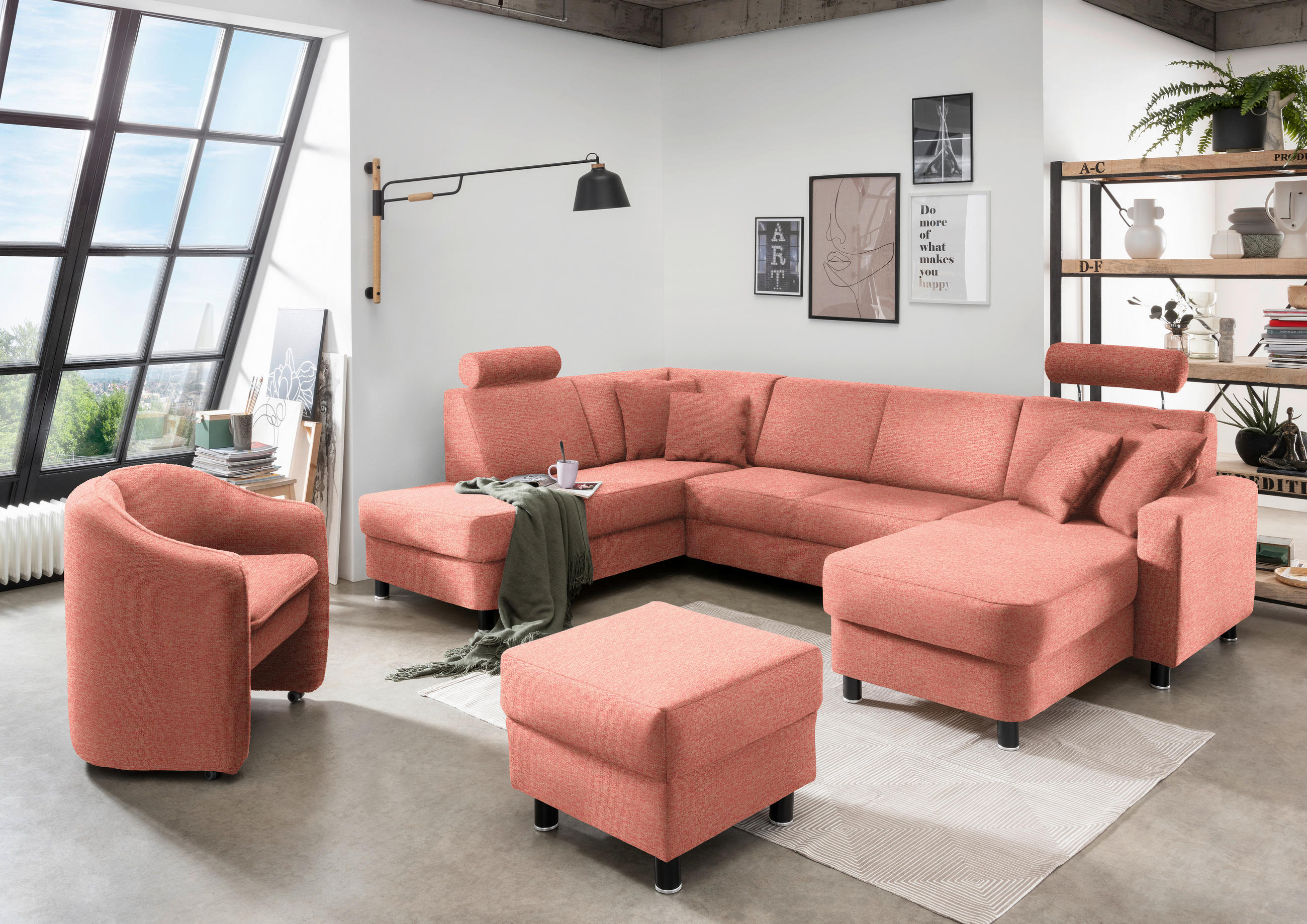 WOHNLANDSCHAFT in Webstoff Koralle  - Koralle/Schwarz, Design, Holz/Textil (198/296/165cm) - Xora