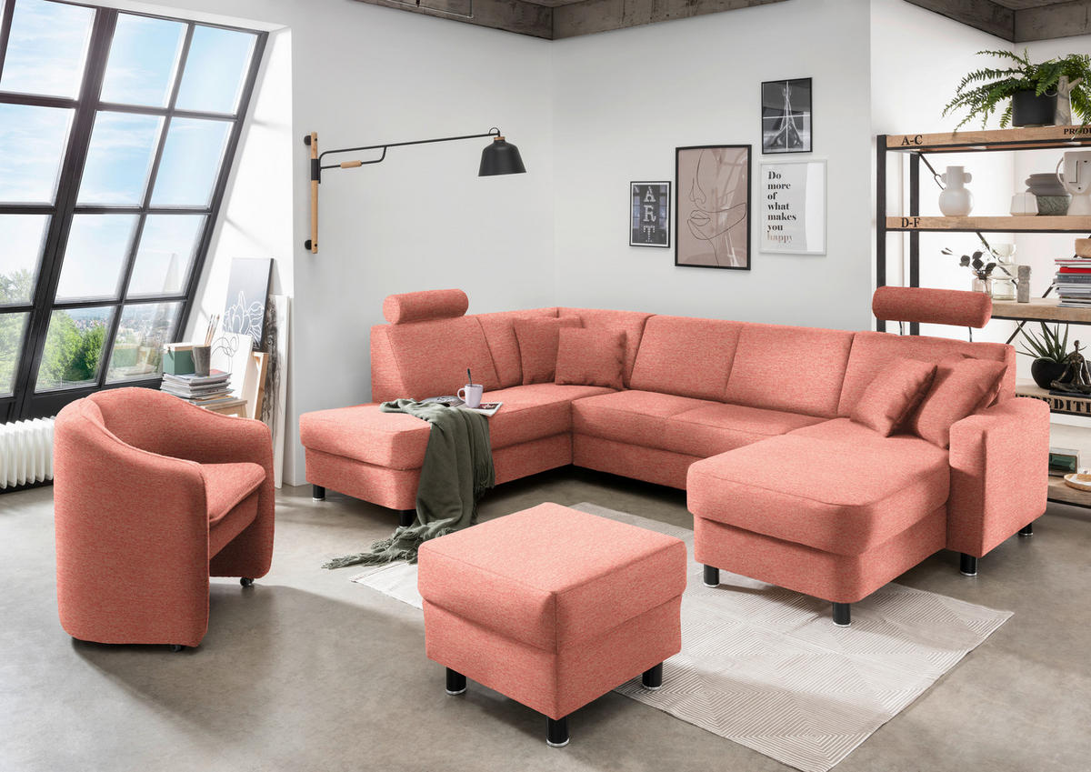 WOHNLANDSCHAFT in Webstoff Koralle  - Koralle/Schwarz, Design, Holz/Textil (198/296/165cm) - Xora