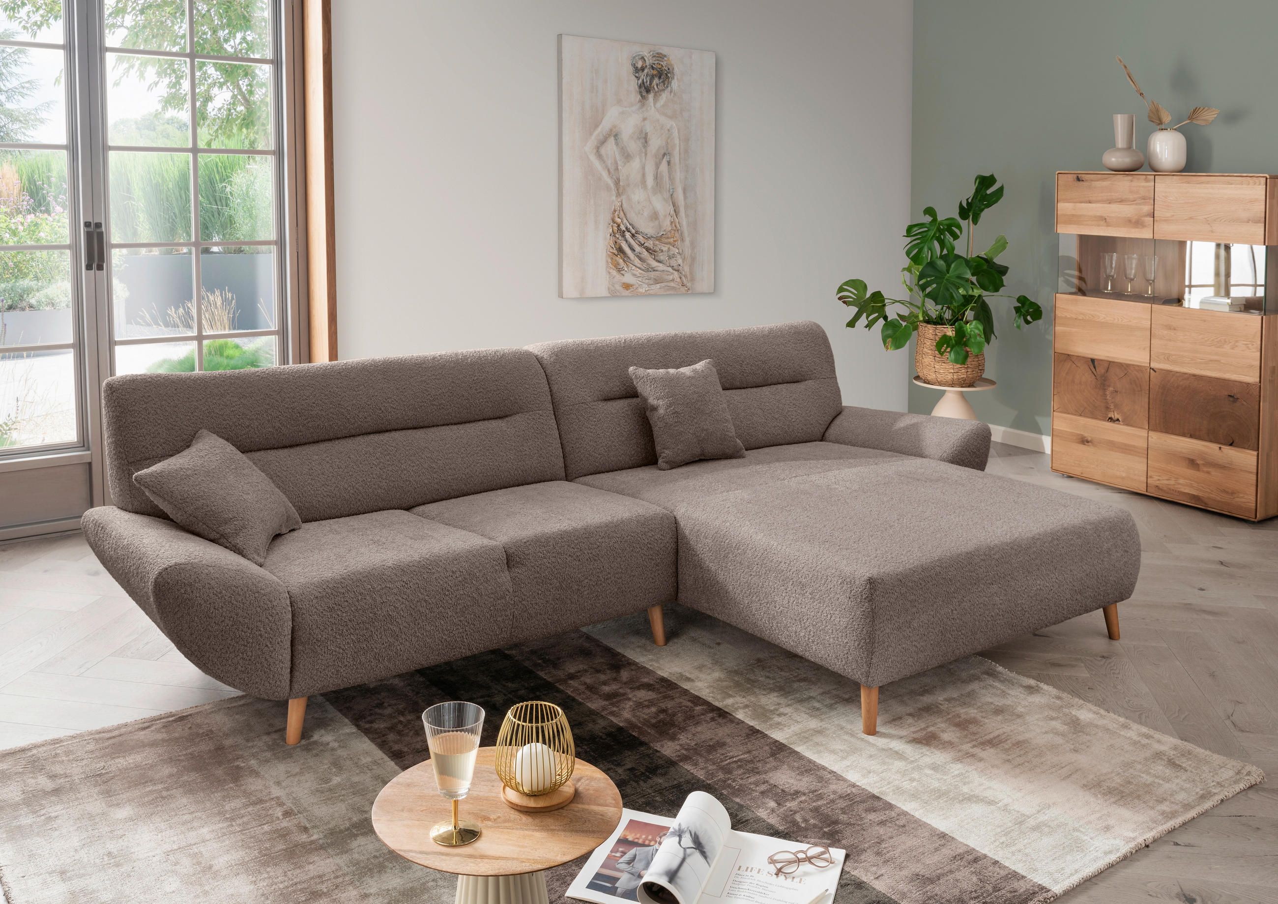 ECKSOFA in Bouclé Taupe   - Taupe/Wildeiche, KONVENTIONELL, Holz/Textil (290cm) - MID.YOU