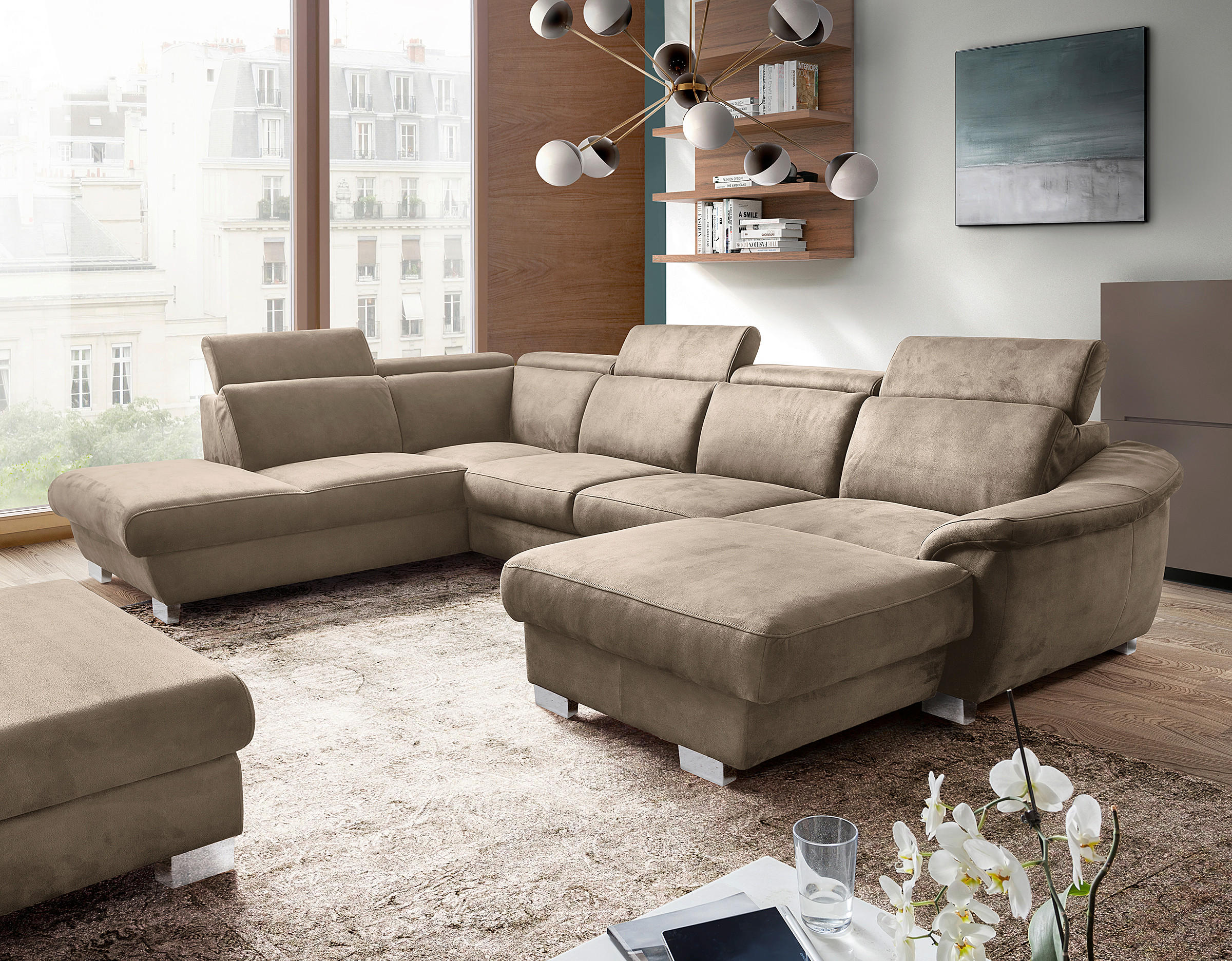 WOHNLANDSCHAFT  in Mikrofaser Taupe  - Taupe/Chromfarben, Design, Textil/Metall (273/347/238cm) - Livetastic
