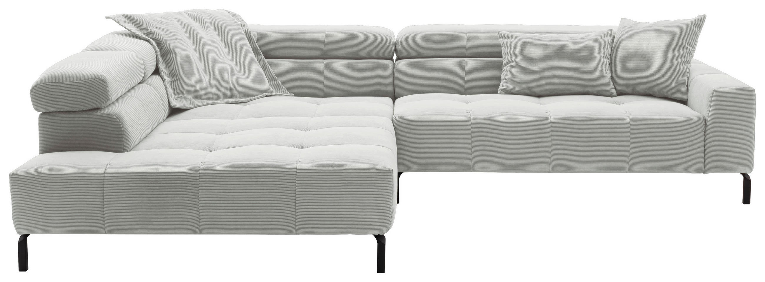 ECKSOFA Hellgrau Feincord Rücken echt, Kopfteilverstellung, Sitzvorzug  - Hellgrau/Schwarz, KONVENTIONELL, Textil/Metall (219/311cm) - Hom`in